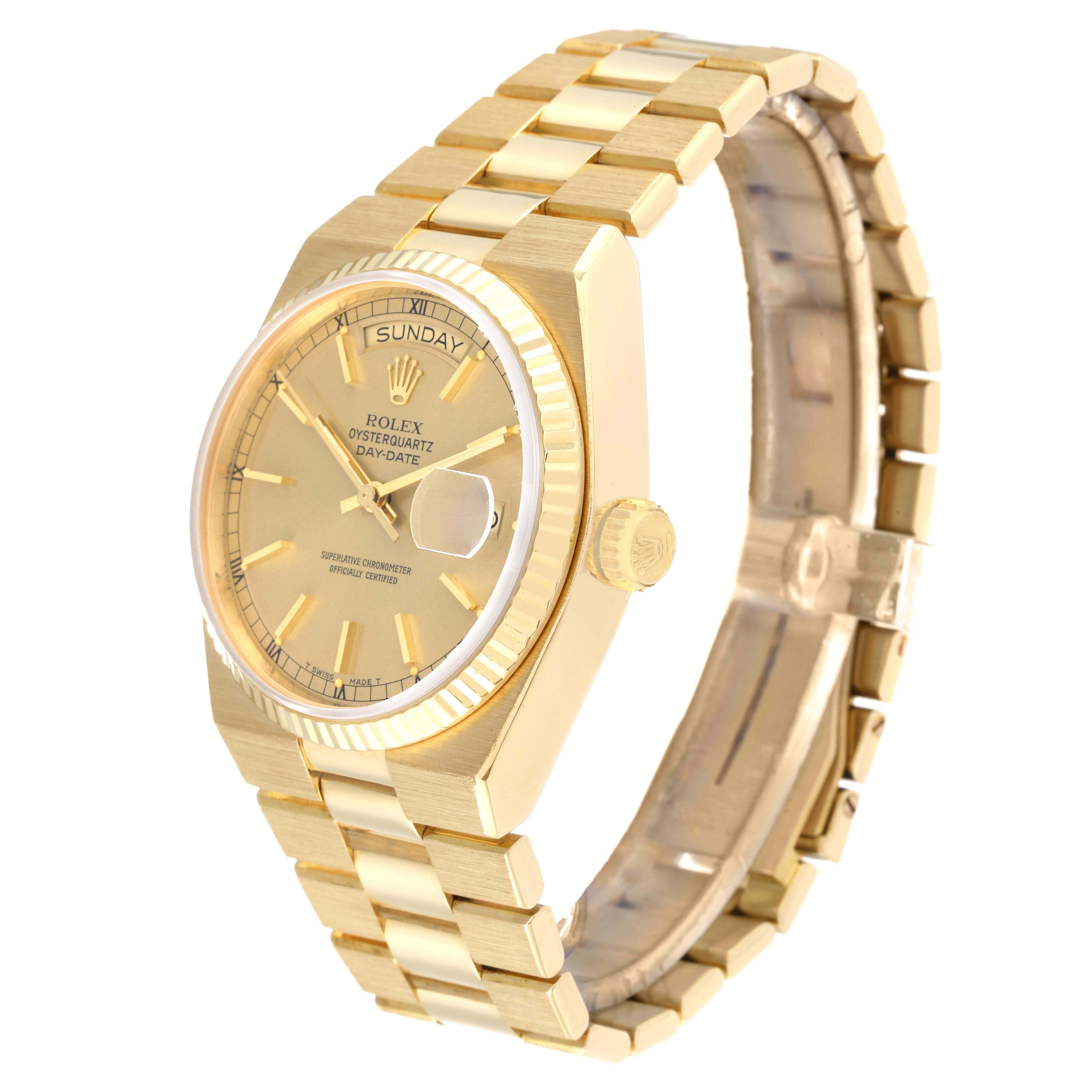 The image shows a gold Rolex Oysterquartz 19018 Men
s Yellow Gold Champagne Dial 19018 Men
s Yellow Gold Champagne Dial model Day-Date watch at a three-quarter angle, highlighting its dial, bezel, and bracelet.