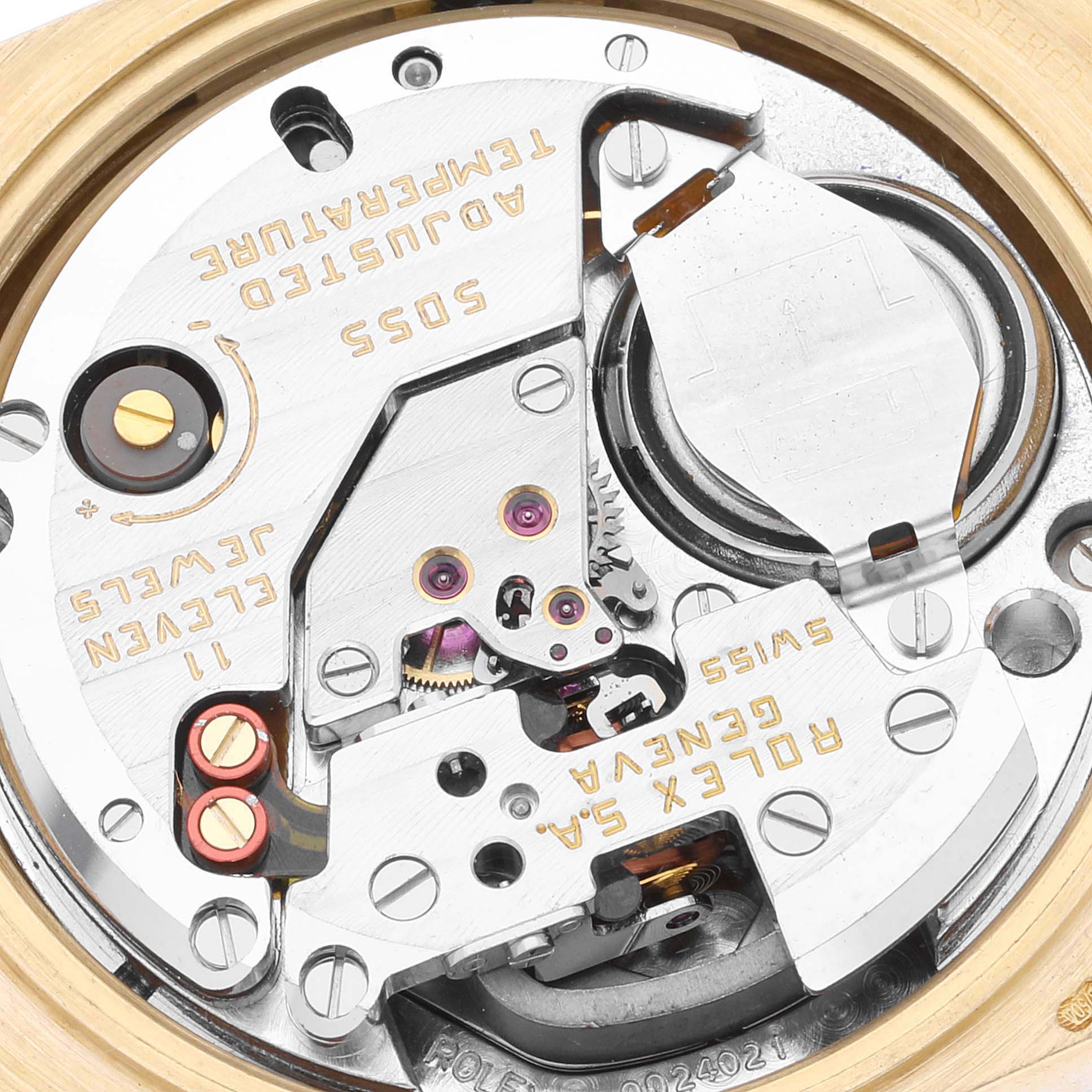 This image shows a close-up view of the movement inside a Rolex Oysterquartz 19018 Men
s Yellow Gold Champagne Dial 19018 Men
s Yellow Gold Champagne Dial watch.