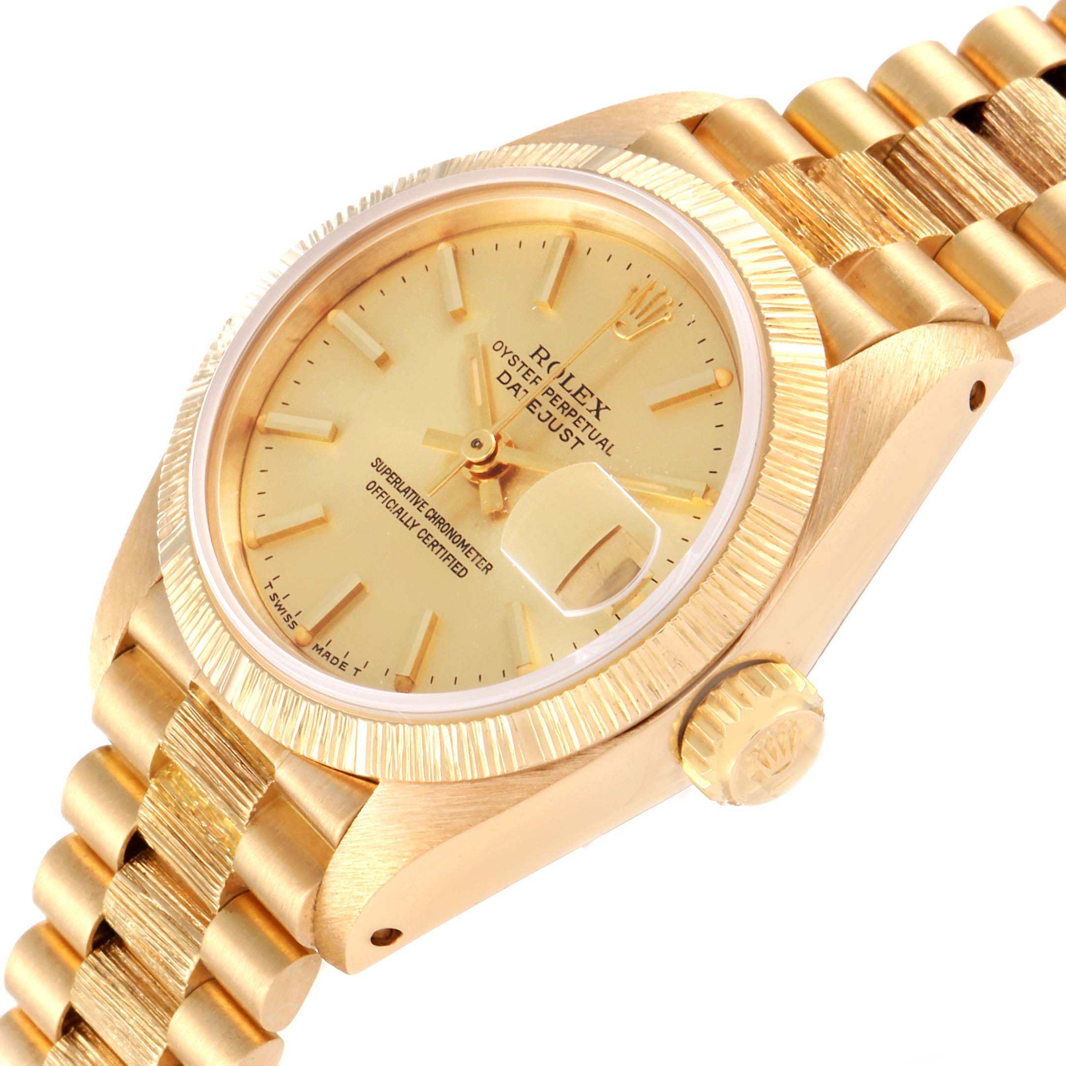 This image shows a close-up angle of the Rolex President 69278 Women
s Yellow Gold Champagne Dial 69278 Women
s Yellow Gold Champagne Dial model watch, highlighting the bezel, dial, crown, and bracelet.