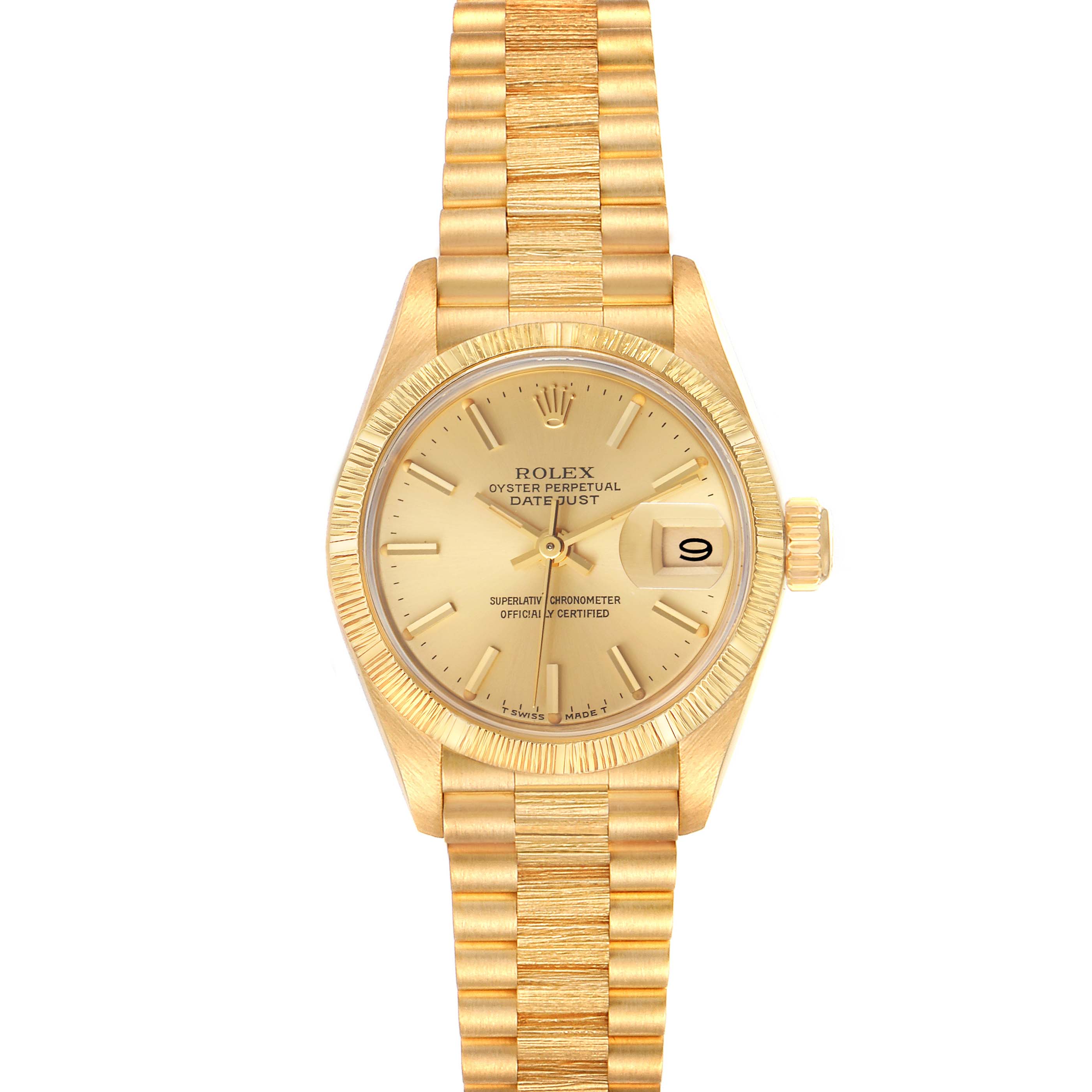 The image shows the front view of a gold Rolex President 69278 Women
s Yellow Gold Champagne Dial 69278 Women
s Yellow Gold Champagne Dial model watch, focusing on the face, bezel, and bracelet.