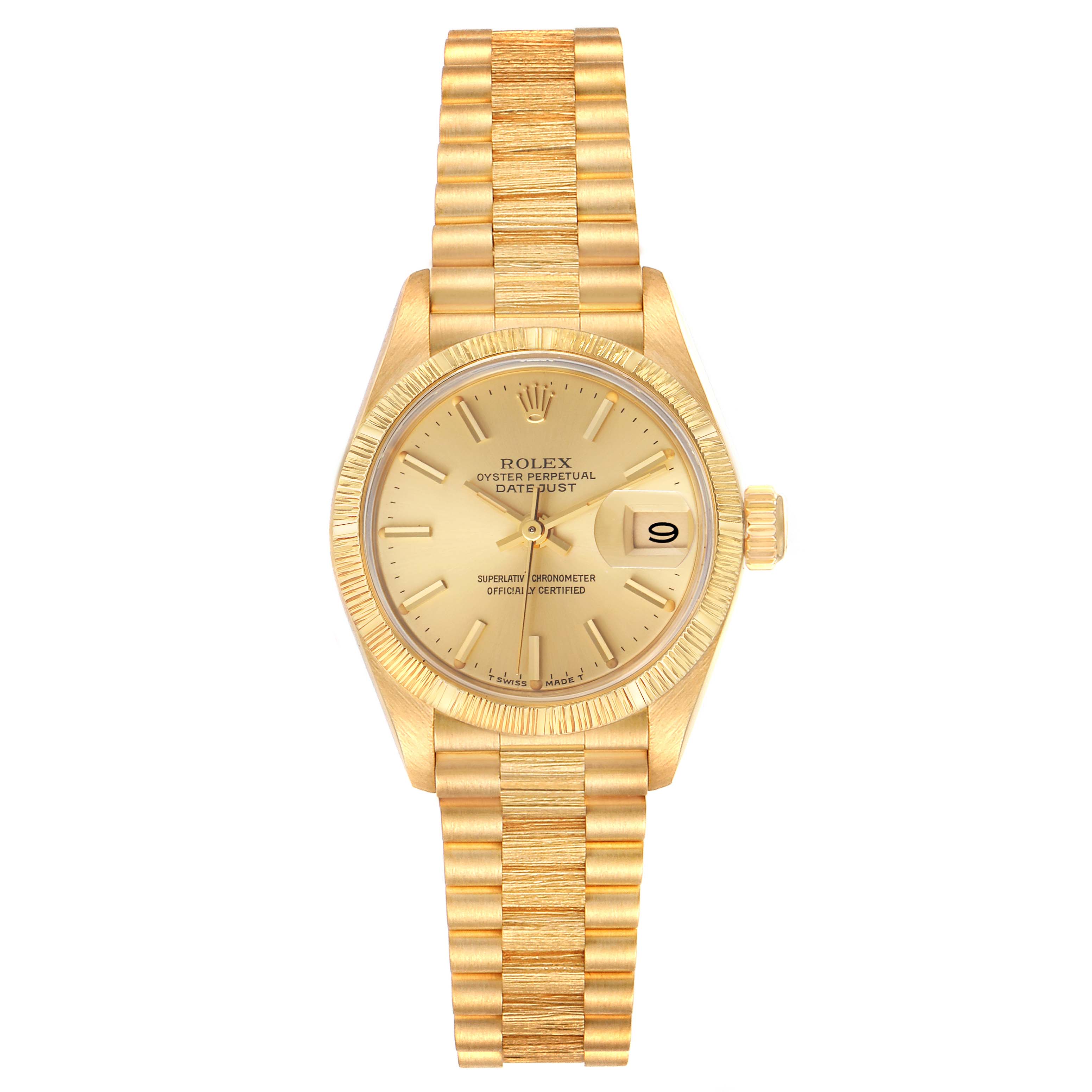 Rolex President Datejust 18K Yellow Gold Bark Finish Ladies Watch 69278 ...