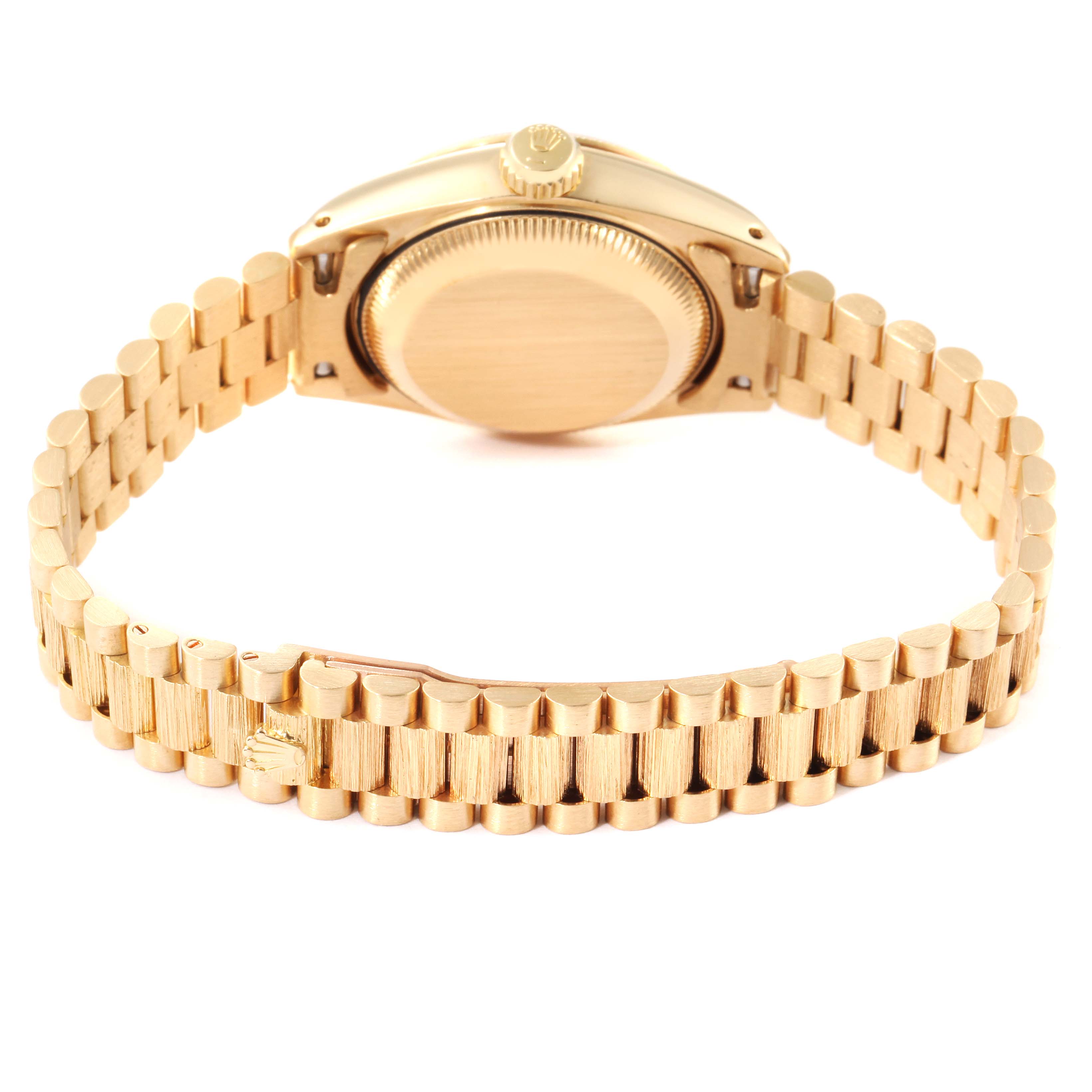 The image shows the back view of a Rolex President 69278 Women
s Yellow Gold Champagne Dial 69278 Women
s Yellow Gold Champagne Dial model watch, highlighting the bracelet and case back.