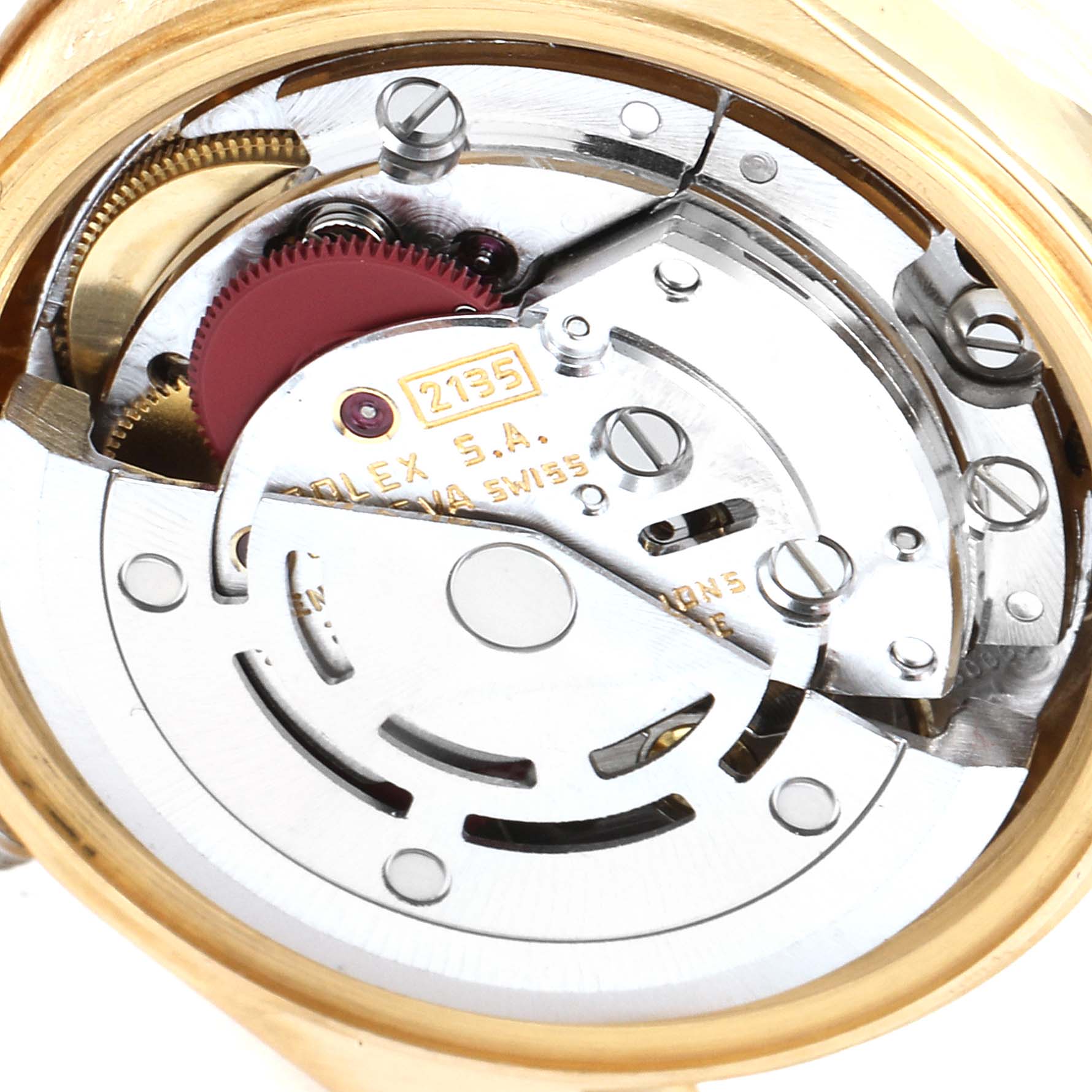 The image shows the internal mechanical movement of a Rolex President 69278 Women
s Yellow Gold Champagne Dial 69278 Women
s Yellow Gold Champagne Dial model watch, viewed from the back.