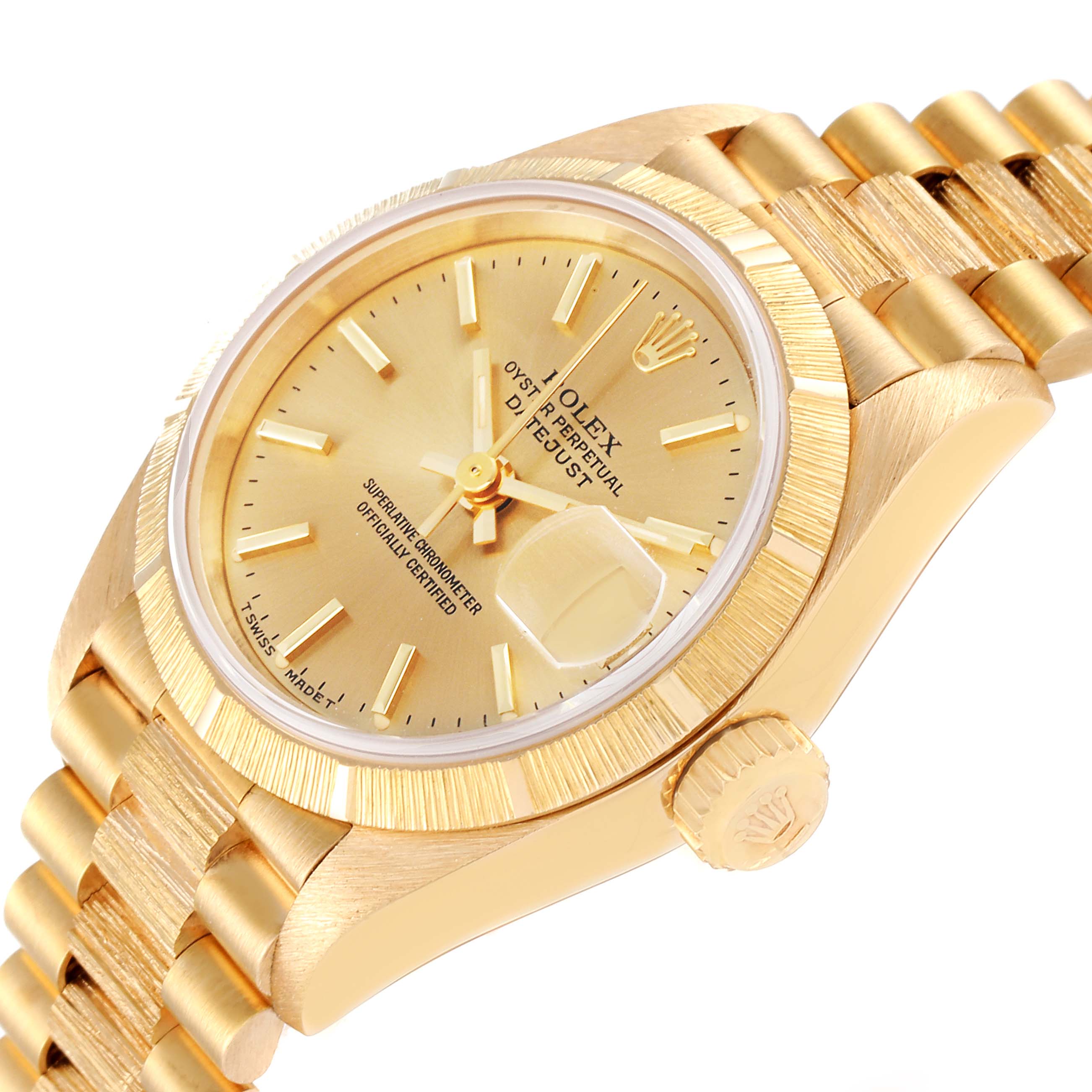 The image shows a close-up angled view of a Rolex President 69278 Women's Yellow Gold Champagne Dial 69278 Women's Yellow Gold Champagne Dial model watch, highlighting its dial, bezel, bracelet, and crown.