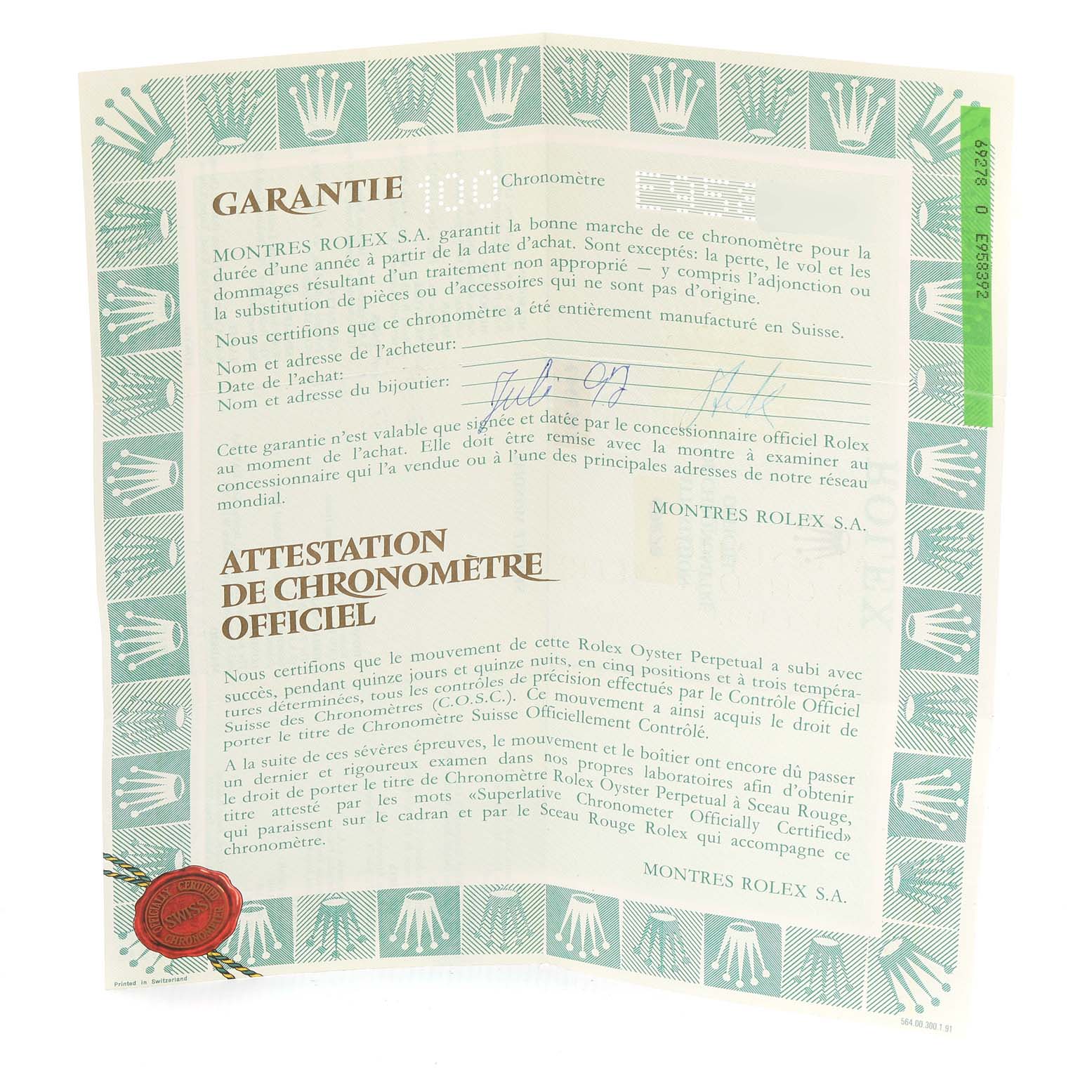 The image shows the official warranty certificate for the Rolex President 69278 Women's Yellow Gold Champagne Dial 69278 Women's Yellow Gold Champagne Dial model watch, detailing terms and conditions in French.