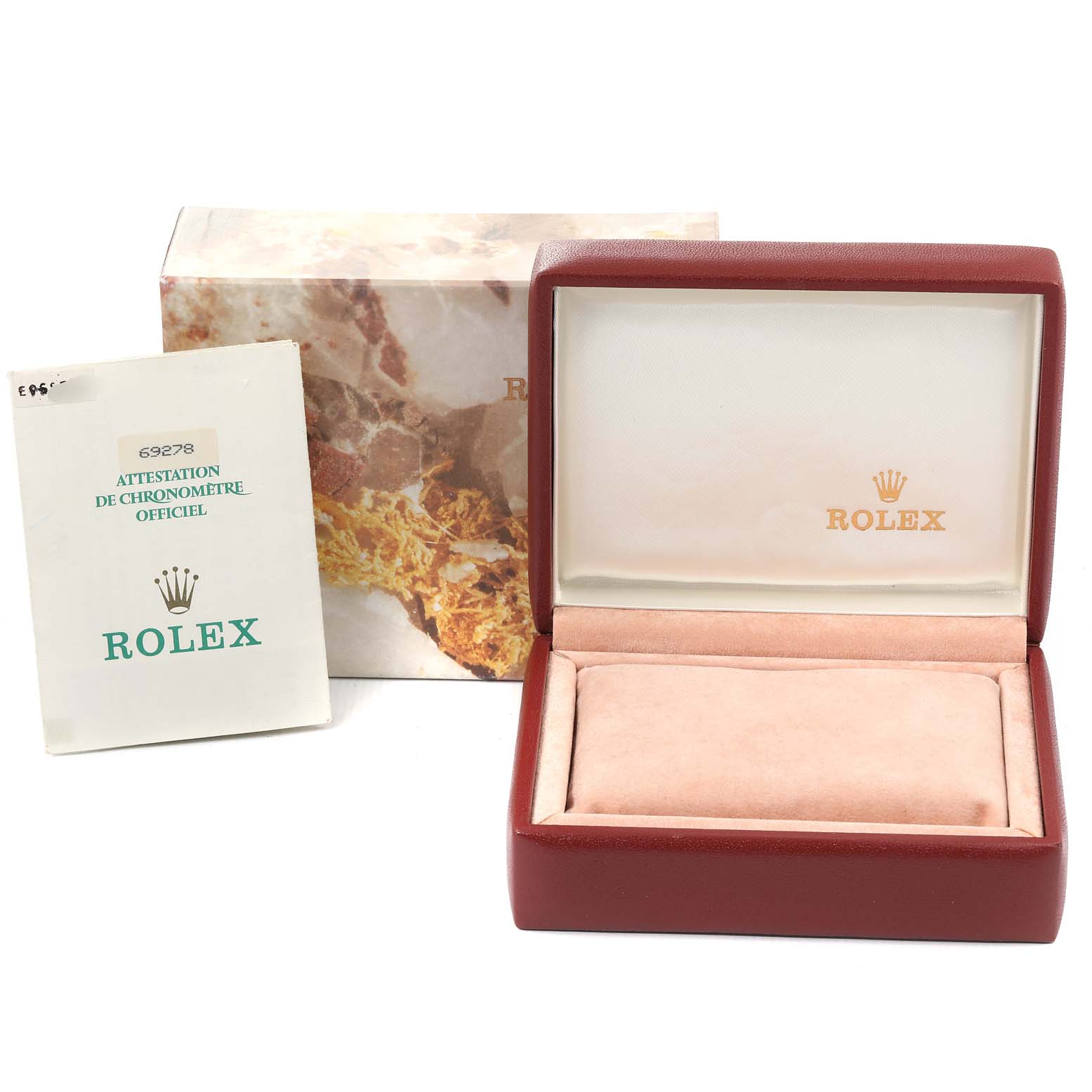 The image shows the box, paperwork, and outer packaging for a Rolex President 69278 Women's Yellow Gold Champagne Dial 69278 Women's Yellow Gold Champagne Dial model watch.
