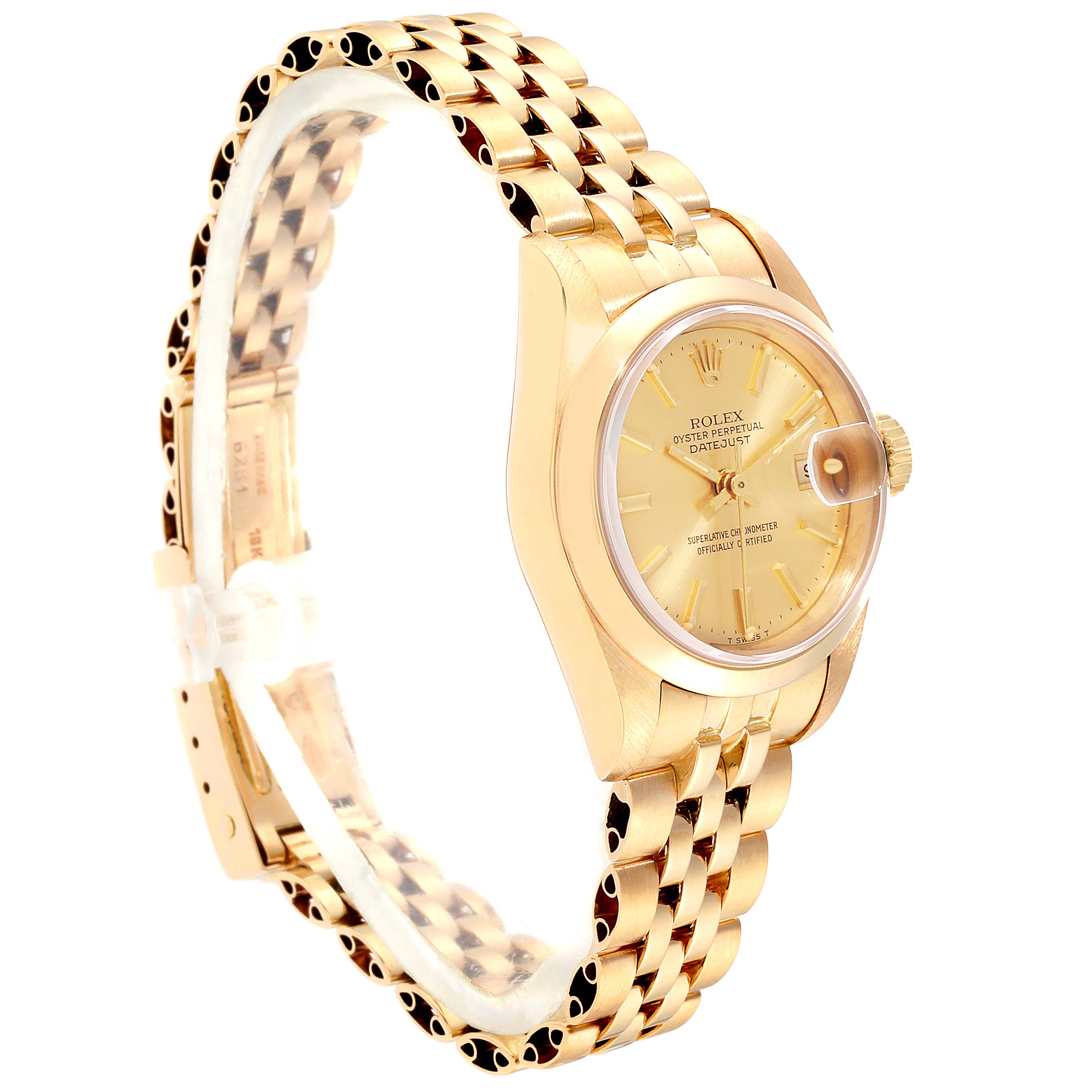 The image shows a side angle of a Rolex President 69168 Women's Yellow Gold  69168 Women's Yellow Gold  model watch, highlighting the bracelet and face.