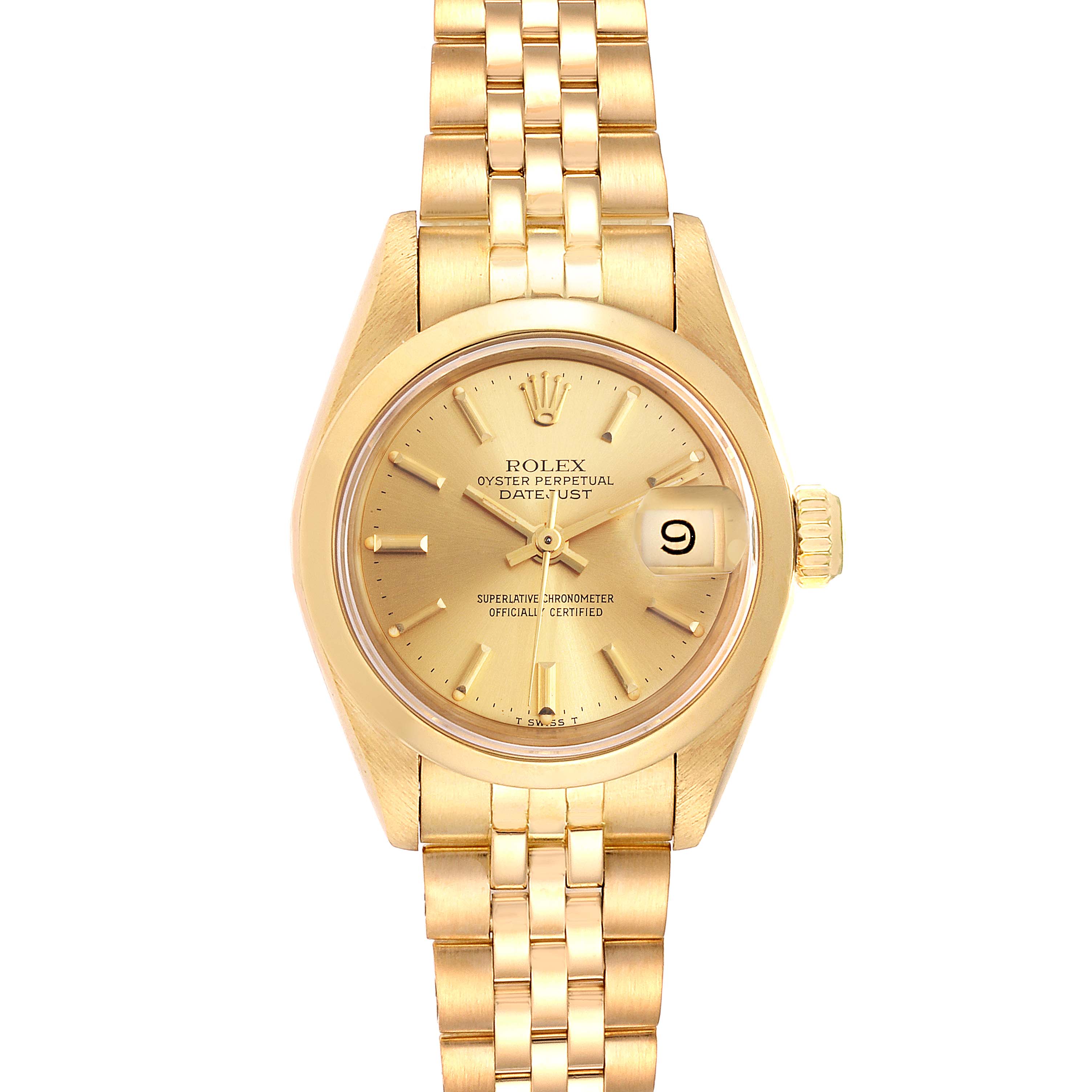 The image shows a front view of a gold Rolex President 69168 Women's Yellow Gold  69168 Women's Yellow Gold  model, displaying its dial, hands, date window, and bracelet.