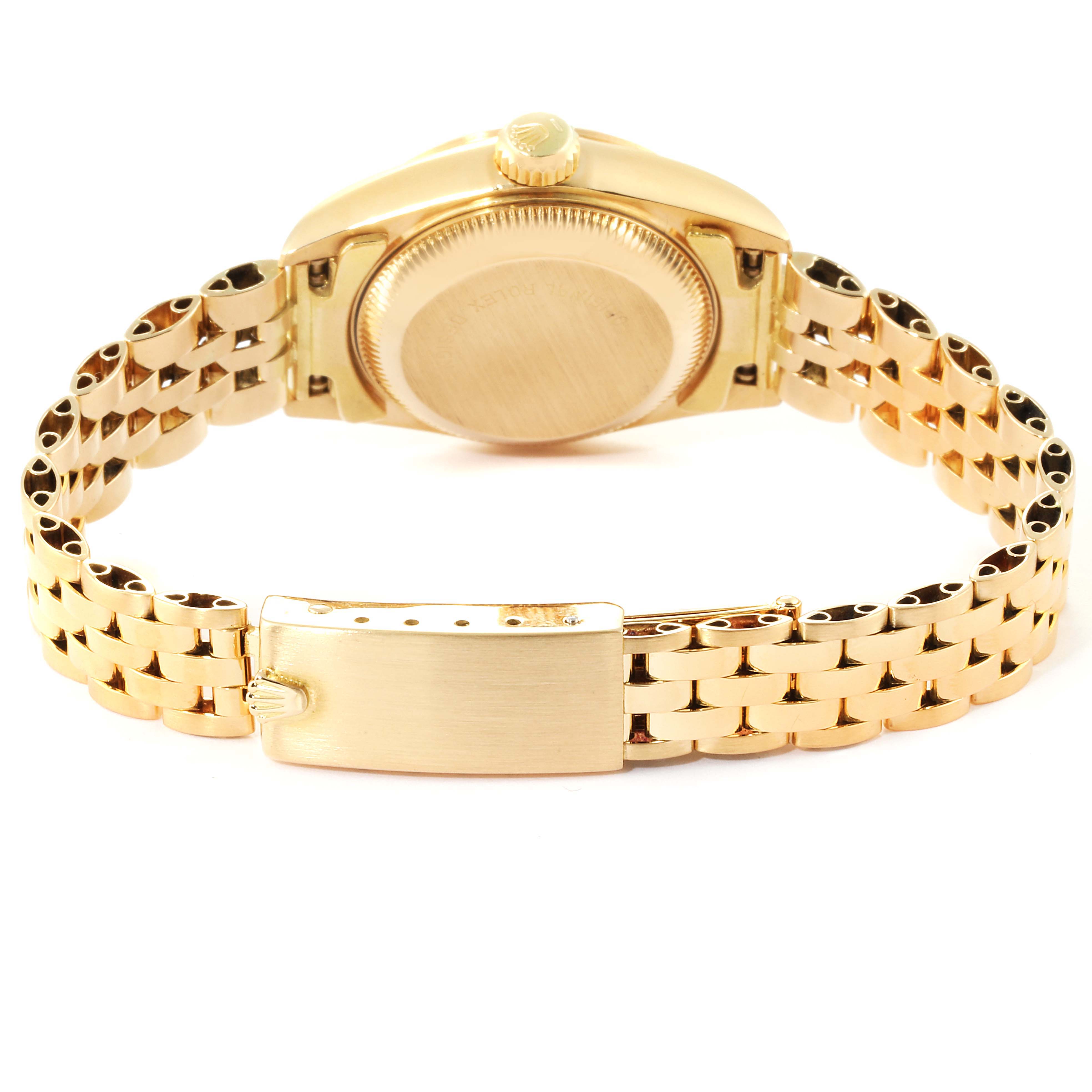 The image displays the back case and bracelet of a Rolex President 69168 Women's Yellow Gold  69168 Women's Yellow Gold  model watch from a rear angle.