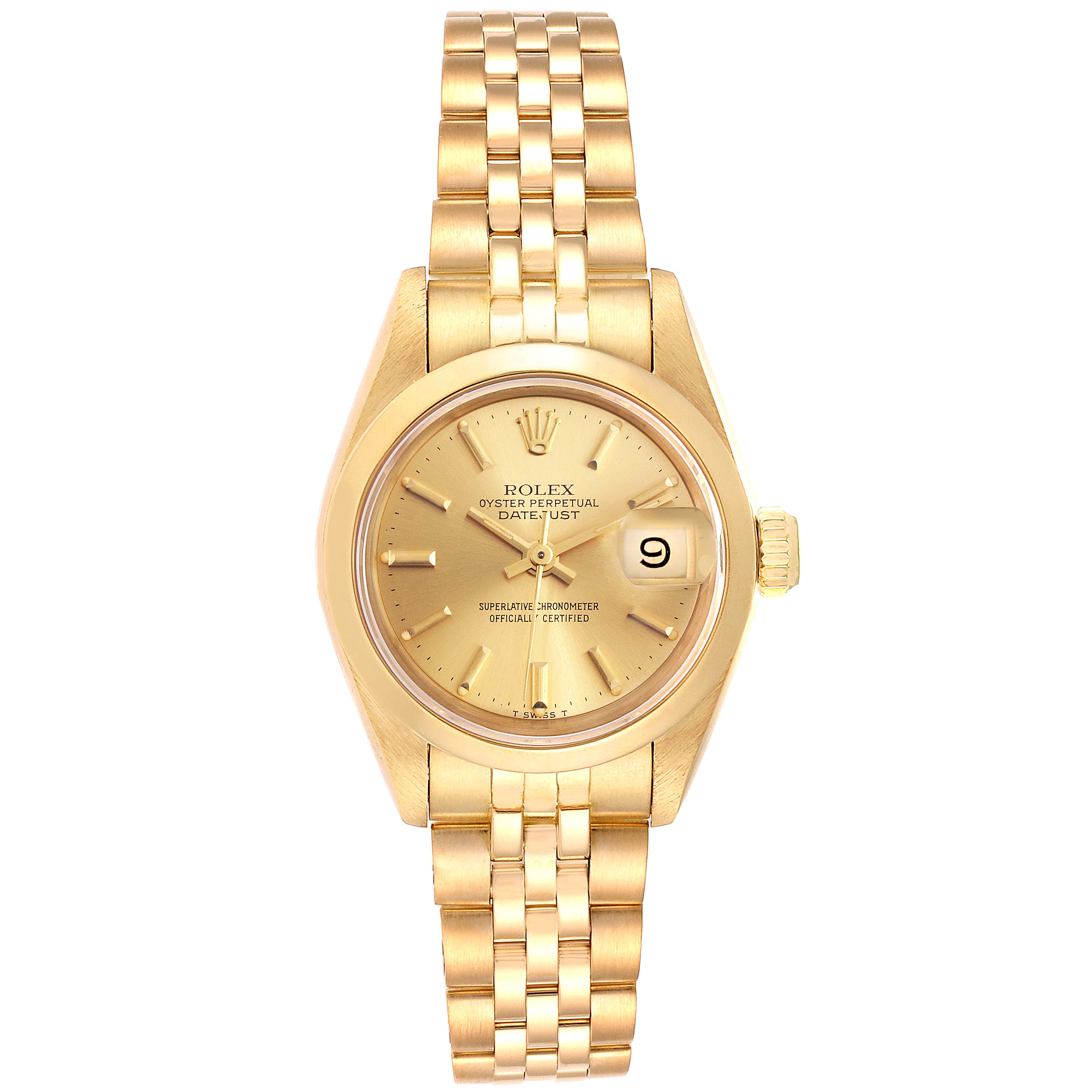 This image shows a frontal view of a Rolex President 69168 Women's Yellow Gold  69168 Women's Yellow Gold  model watch, including the face, band, and crown.