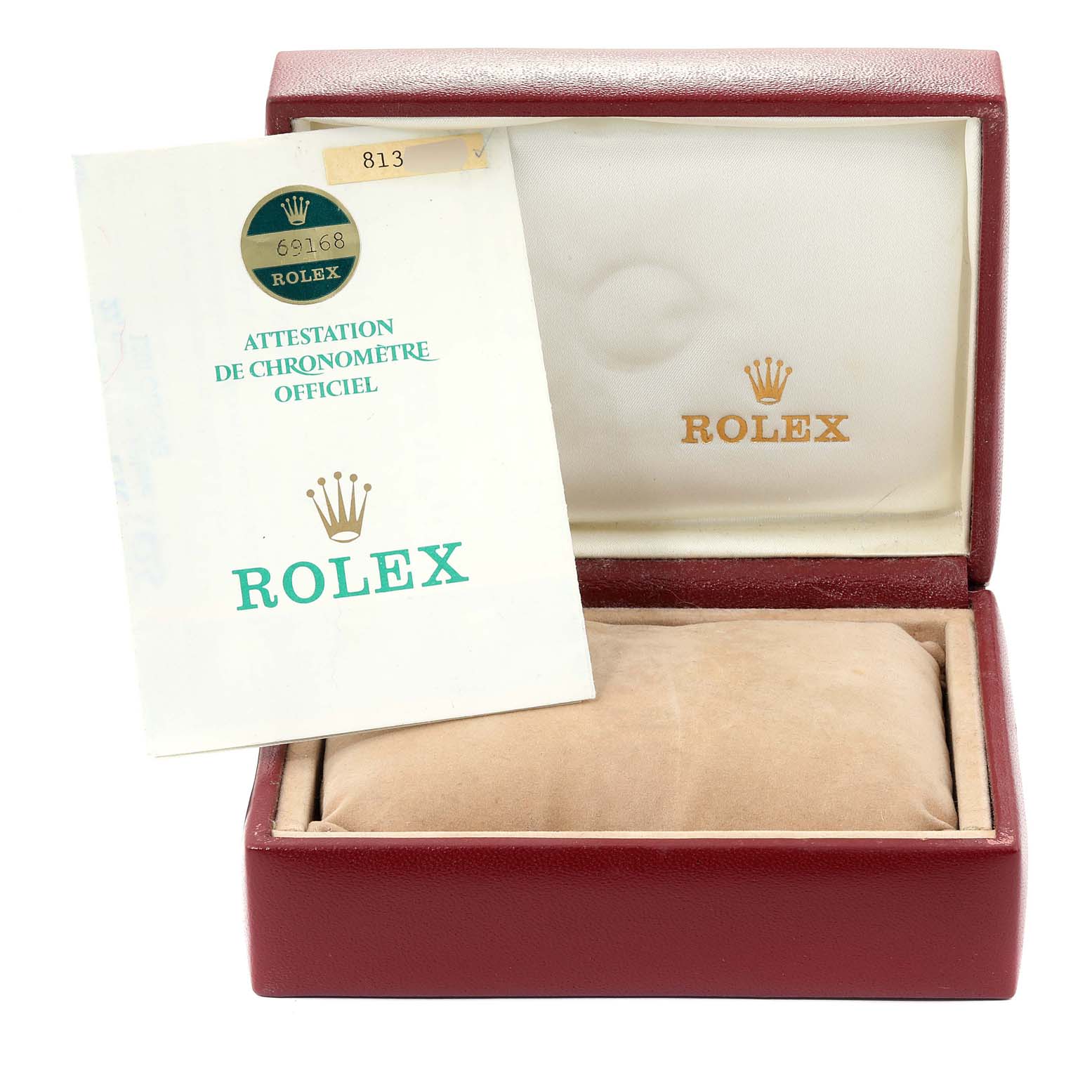 The image shows a Rolex President 69168 Women's Yellow Gold  69168 Women's Yellow Gold  watch box and its official chronometer attestation document.
