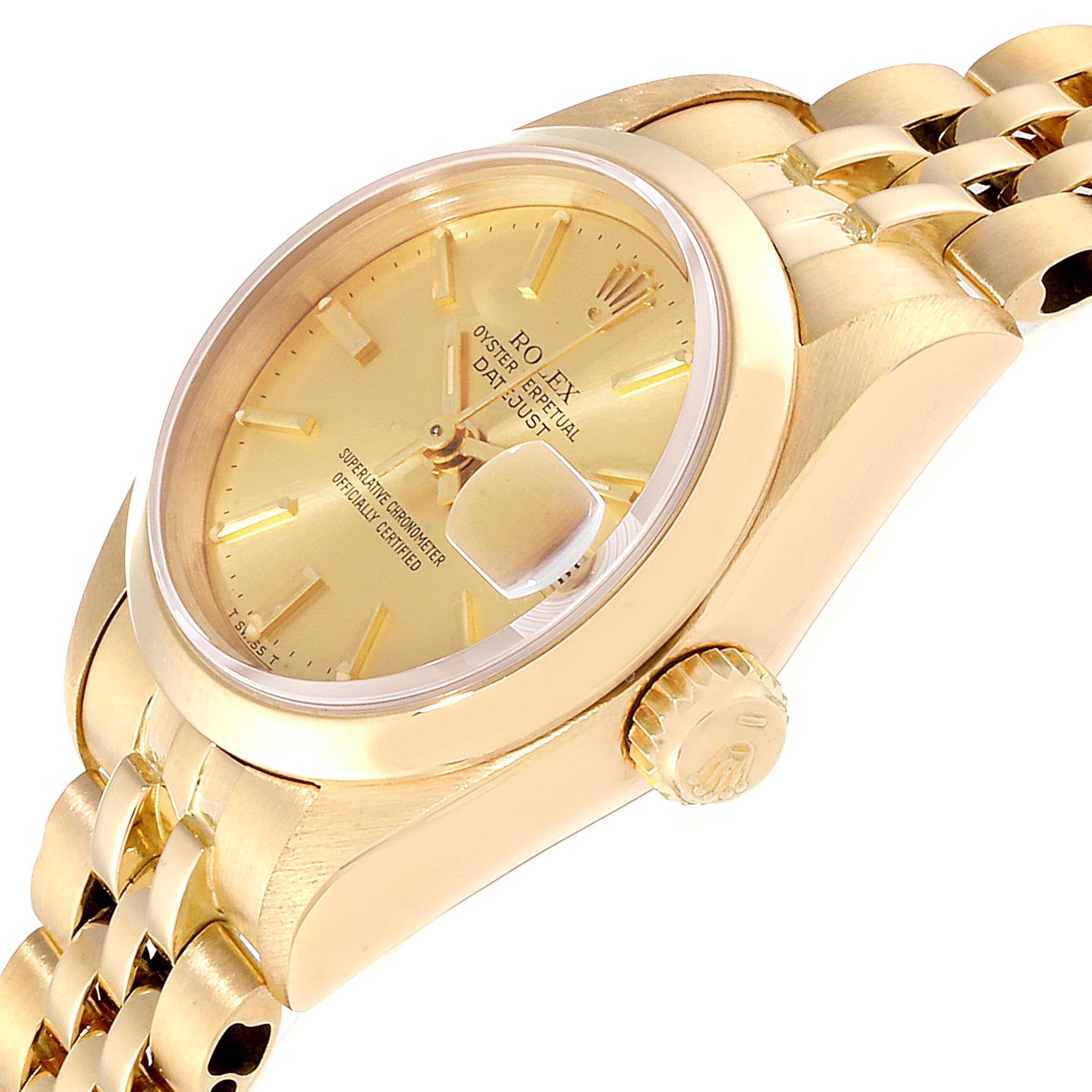 This image shows a side angle view of the Rolex President 69168 Women's Yellow Gold  69168 Women's Yellow Gold  model watch, displaying the dial, crown, case, and part of the bracelet.