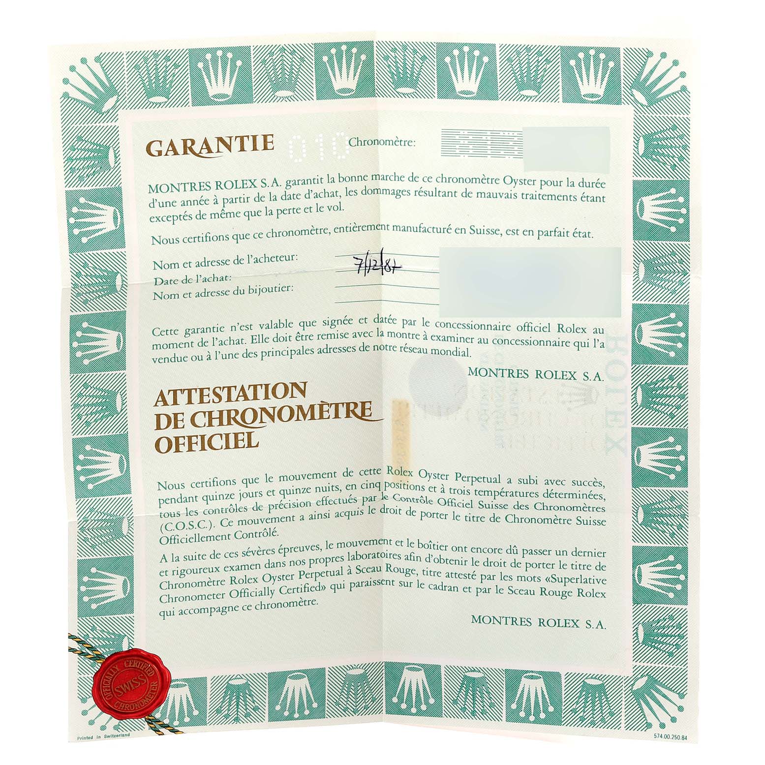 The image shows the warranty and official chronometer certification papers for a Rolex President 69168 Women's Yellow Gold  69168 Women's Yellow Gold  model watch.