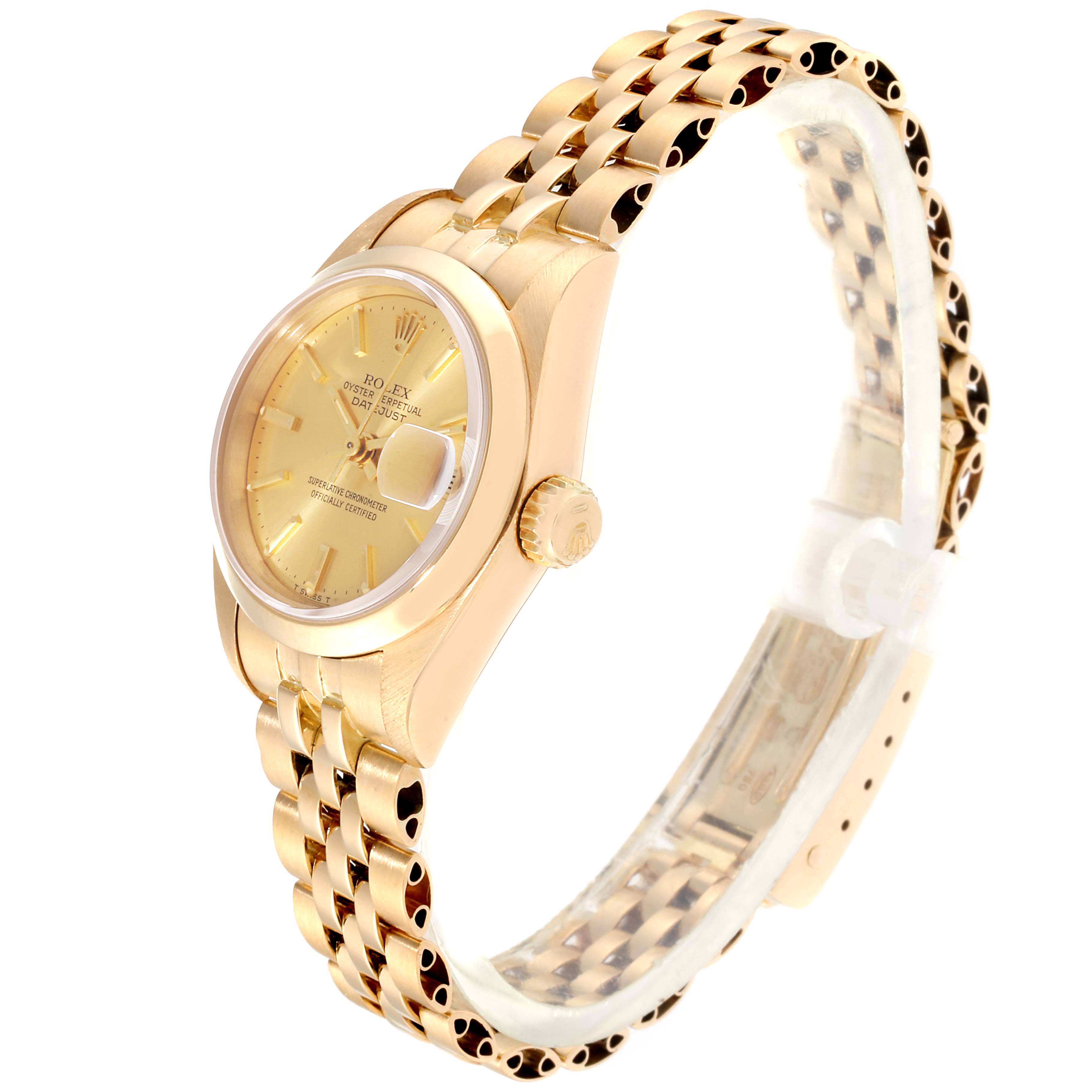The Rolex President 69168 Women's Yellow Gold  69168 Women's Yellow Gold  model watch is shown in a three-quarter angle, displaying the face, bezel, crown, and part of the bracelet.