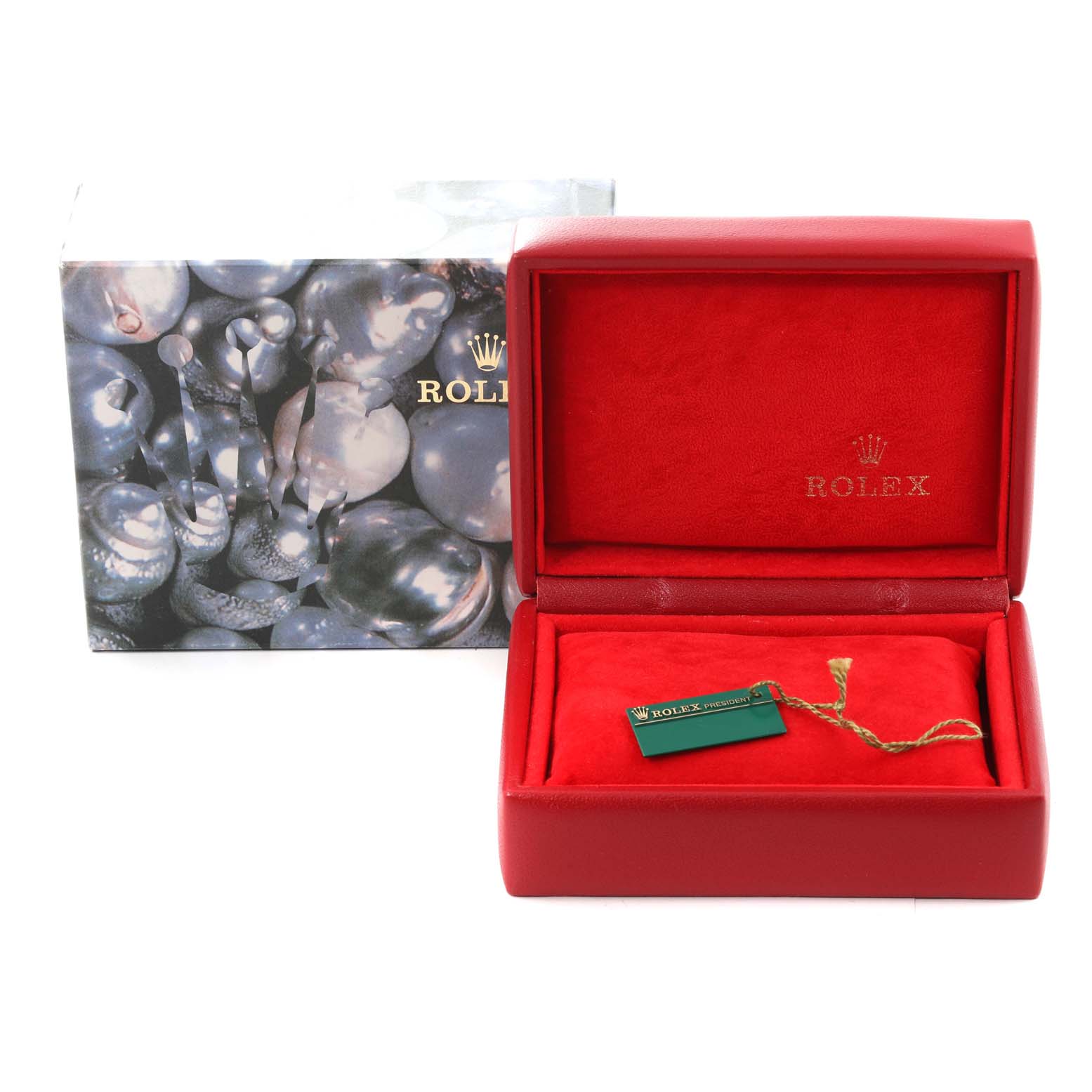 This image shows a Rolex President 69288 Women's Yellow Gold Champagne Dial 69288 Women's Yellow Gold Champagne Dial model watch box and tag, including a red interior and a pearl-themed outer box.