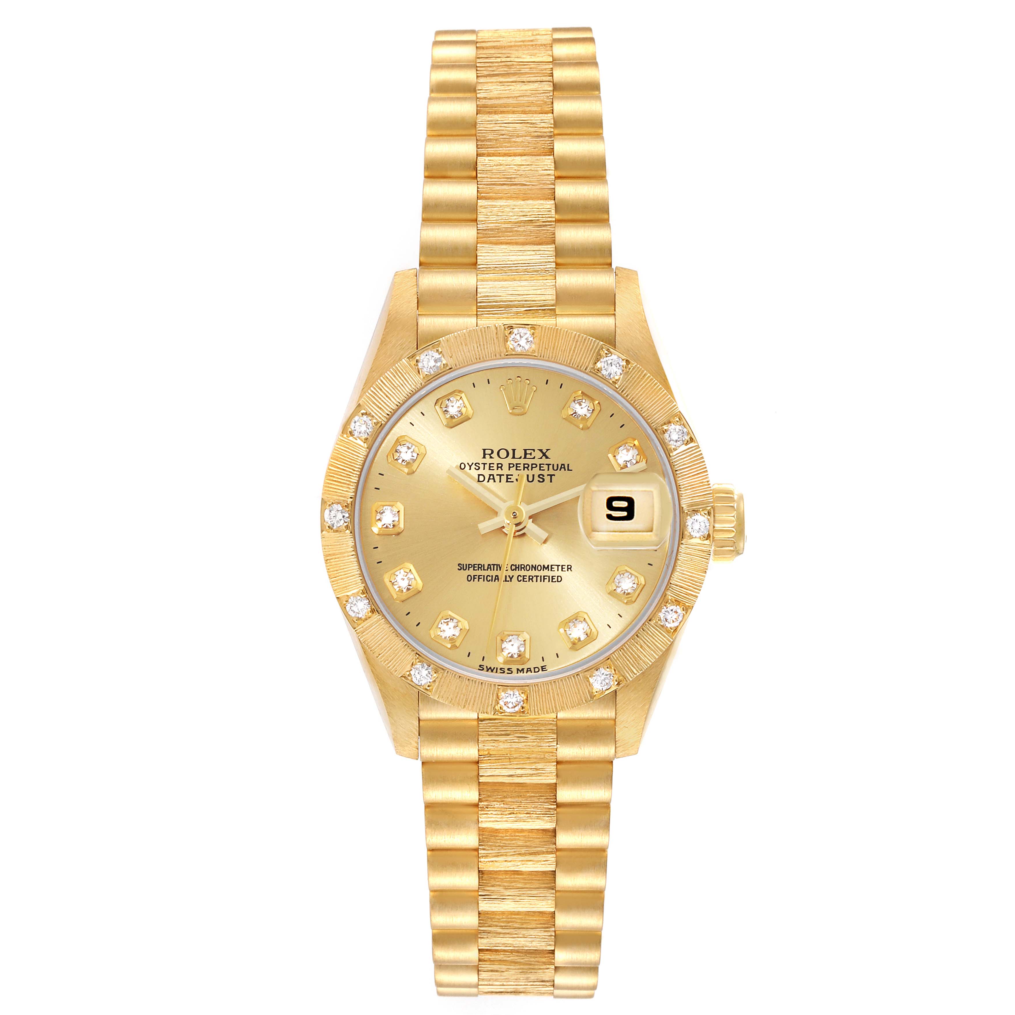 This image shows a top-down view of a Rolex President 69288 Women's Yellow Gold Champagne Dial 69288 Women's Yellow Gold Champagne Dial model watch, highlighting the gold bracelet, bezel, dial, and date.