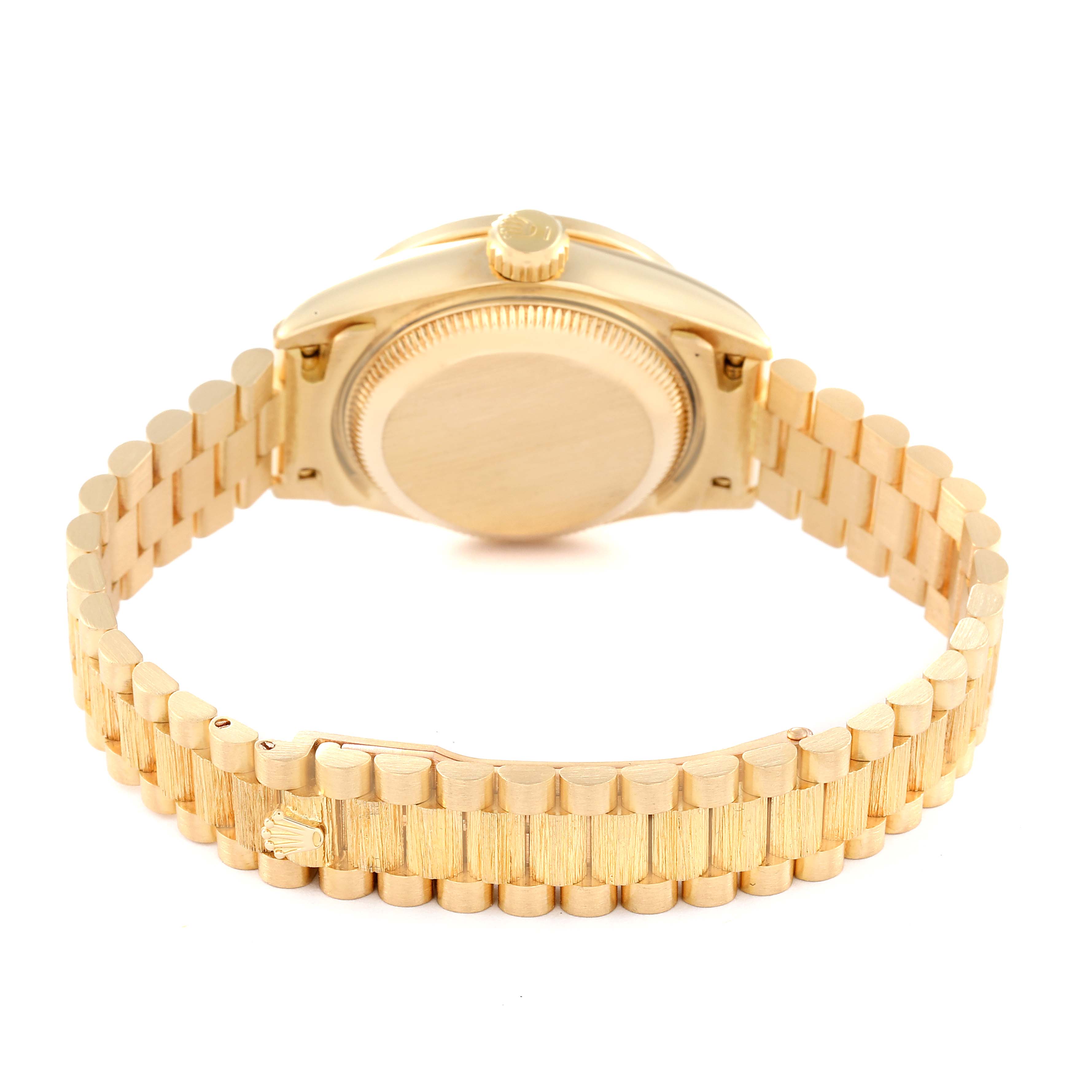 This image shows the back view of a Rolex President 69288 Women's Yellow Gold Champagne Dial 69288 Women's Yellow Gold Champagne Dial model watch, highlighting the case back and the gold bracelet.