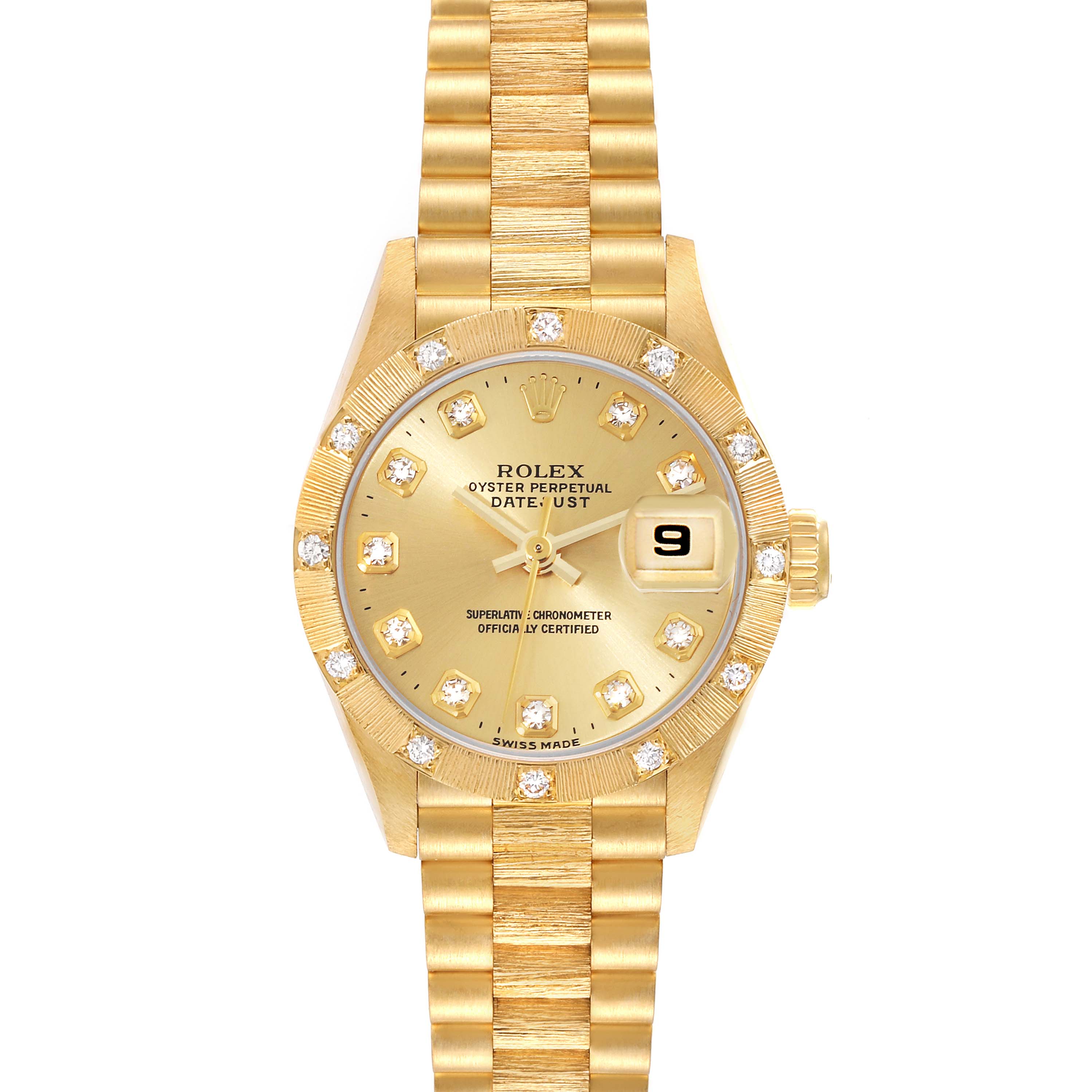 The image shows a Rolex President 69288 Women's Yellow Gold Champagne Dial 69288 Women's Yellow Gold Champagne Dial model watch viewed from the front, highlighting its gold dial, bracelet, and diamond-studded bezel.