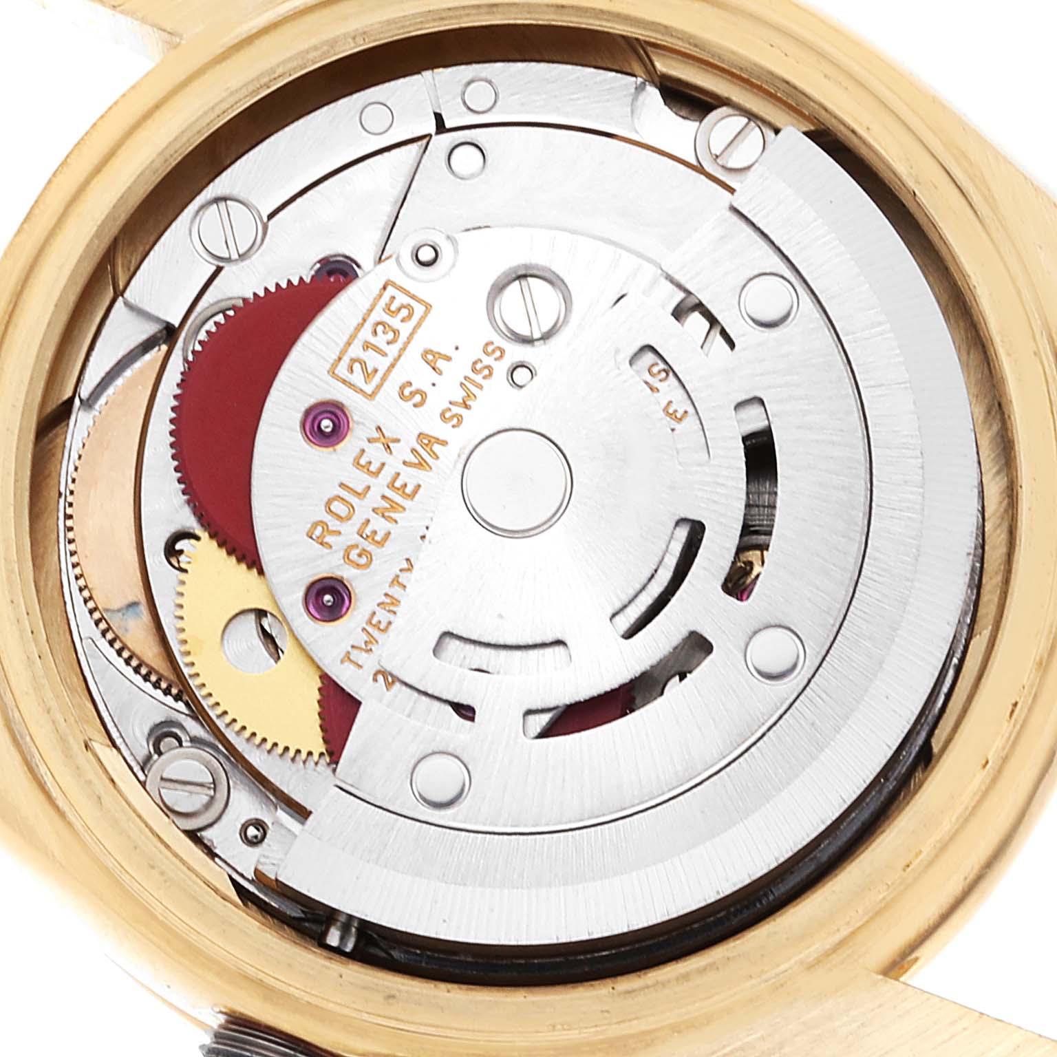 This is a close-up view of the movement inside a Rolex President 69288 Women's Yellow Gold Champagne Dial 69288 Women's Yellow Gold Champagne Dial model watch.