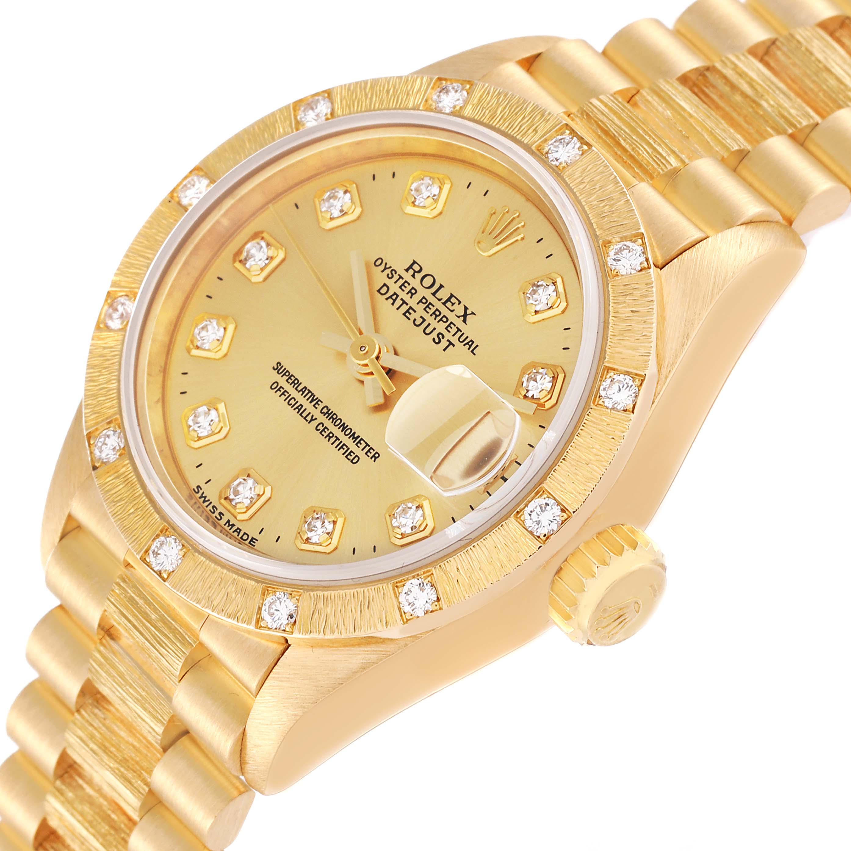The image shows a gold Rolex President 69288 Women's Yellow Gold Champagne Dial 69288 Women's Yellow Gold Champagne Dial model watch at a three-quarter angle, highlighting its dial, bezel, and part of the bracelet.