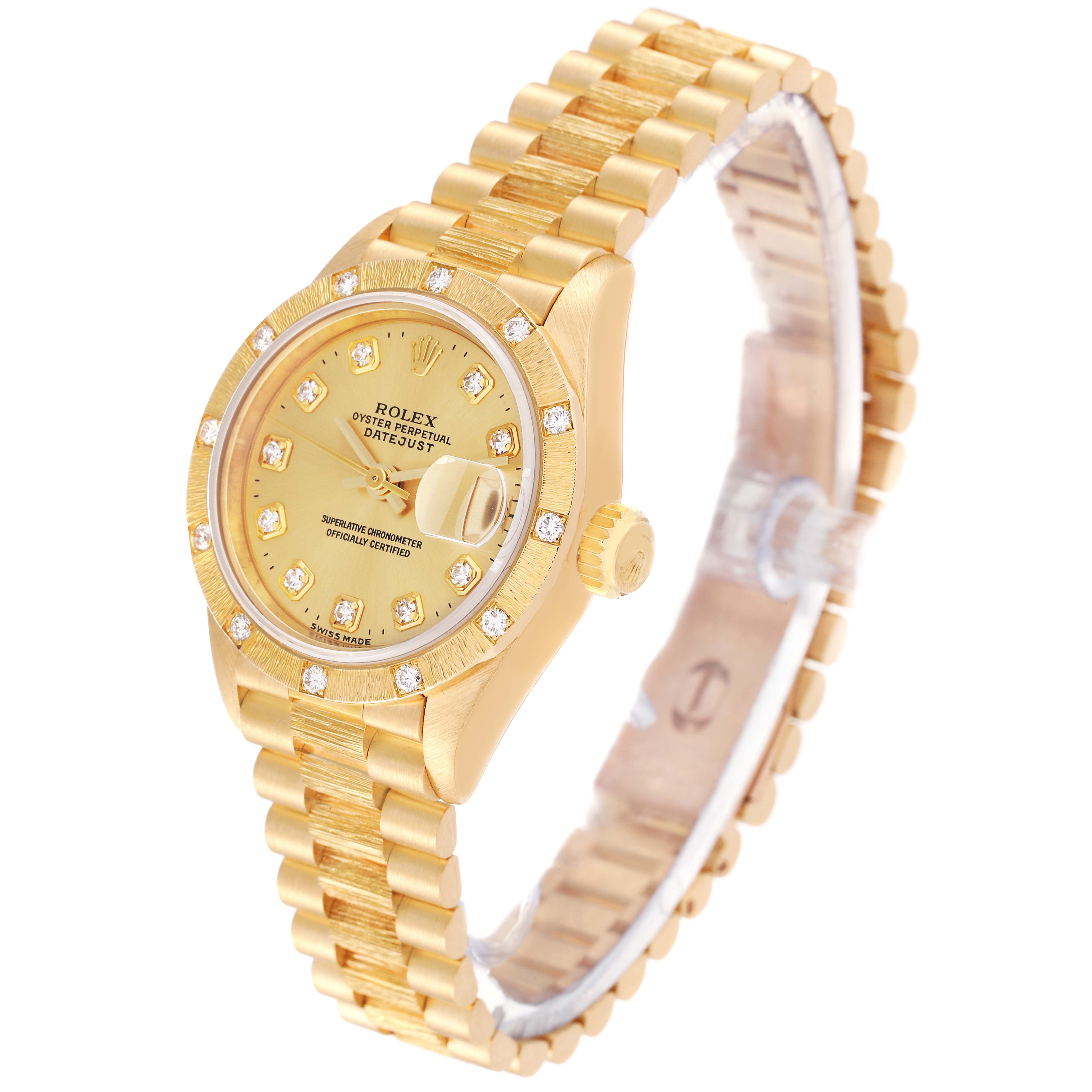 This image shows a Rolex President 69288 Women's Yellow Gold Champagne Dial 69288 Women's Yellow Gold Champagne Dial model watch at a slight angle, displaying the face, bezel, crown, and bracelet.