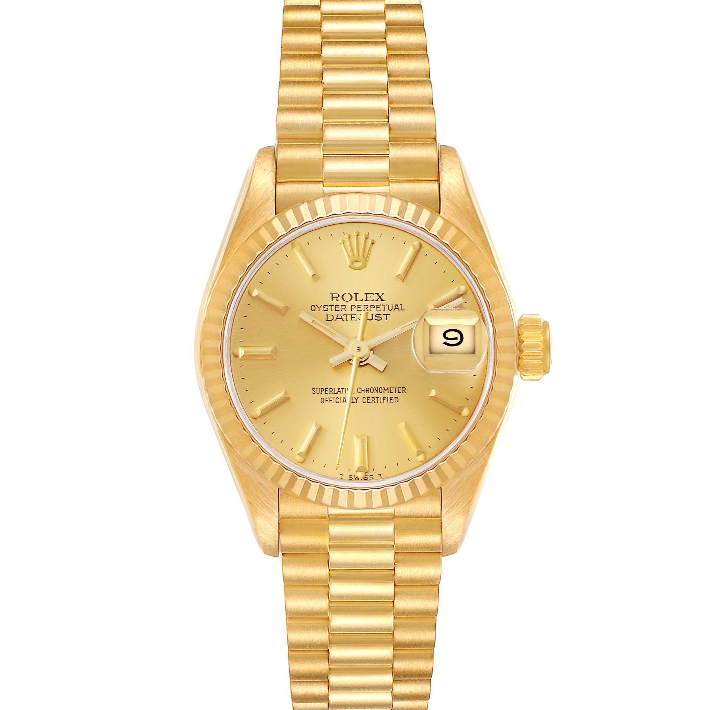 This is a frontal view of a Rolex President 69178 Women's Yellow Gold Champagne Dial 69178 Women's Yellow Gold Champagne Dial model watch, showing the face, bracelet, crown, and date window.