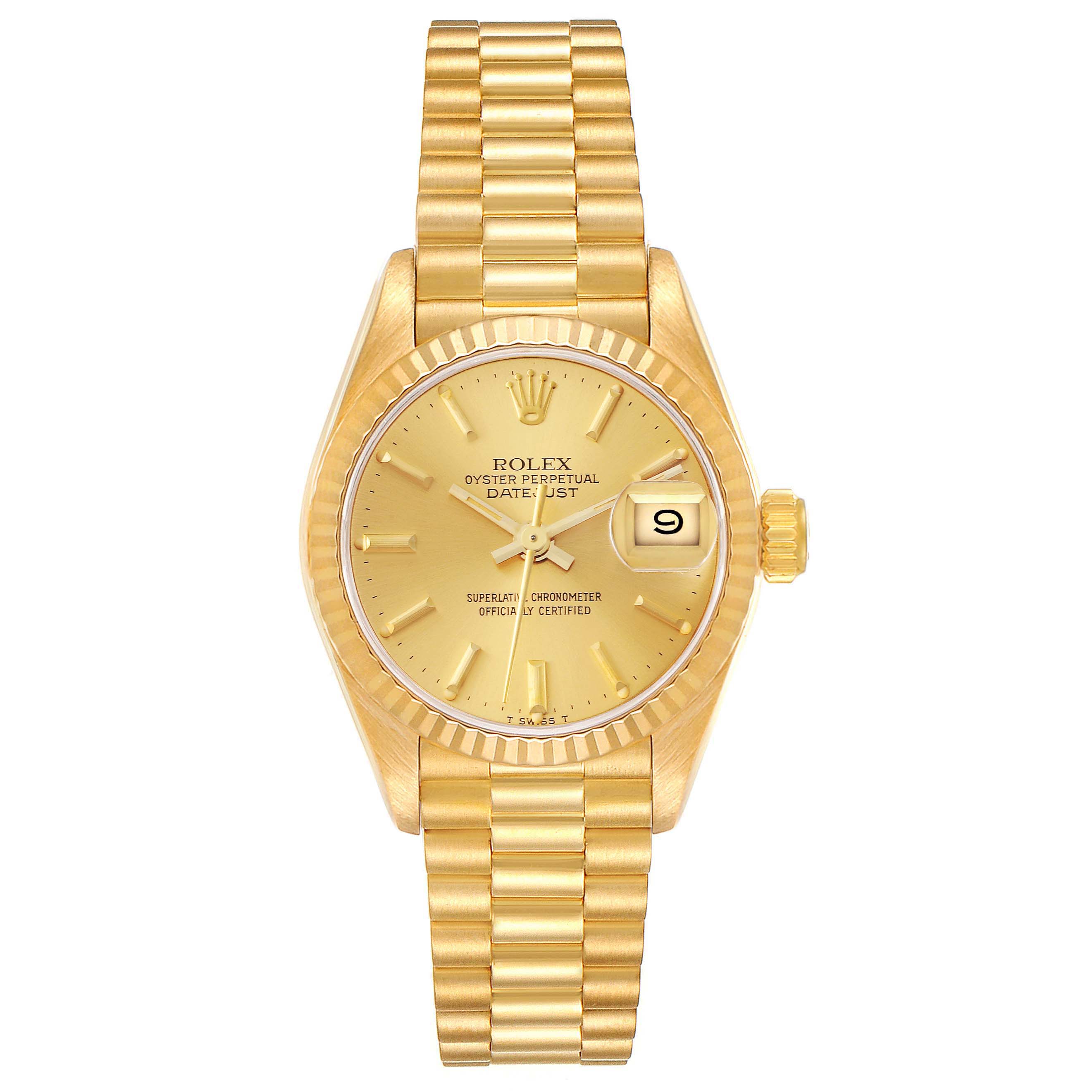 This image shows a front view of the Rolex President 69178 Women's Yellow Gold Champagne Dial 69178 Women's Yellow Gold Champagne Dial model, displaying the watch face, bezel, crown, and bracelet.