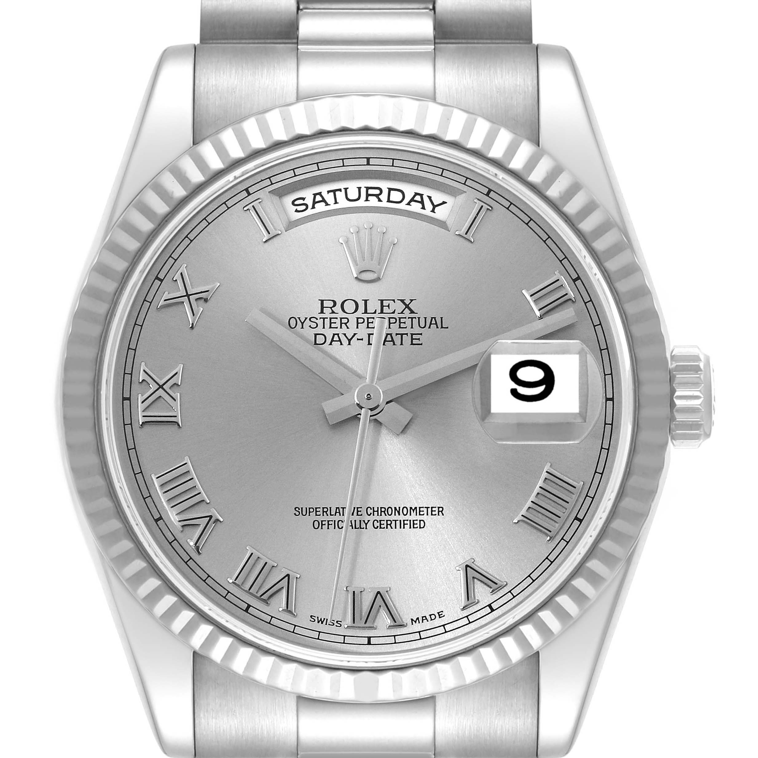 This image shows a front view of the Rolex President 118239 Men's White Gold Silver Dial 118239 Men's White Gold Silver Dial Day-Date watch, displaying the dial, crown, and part of the bracelet.
