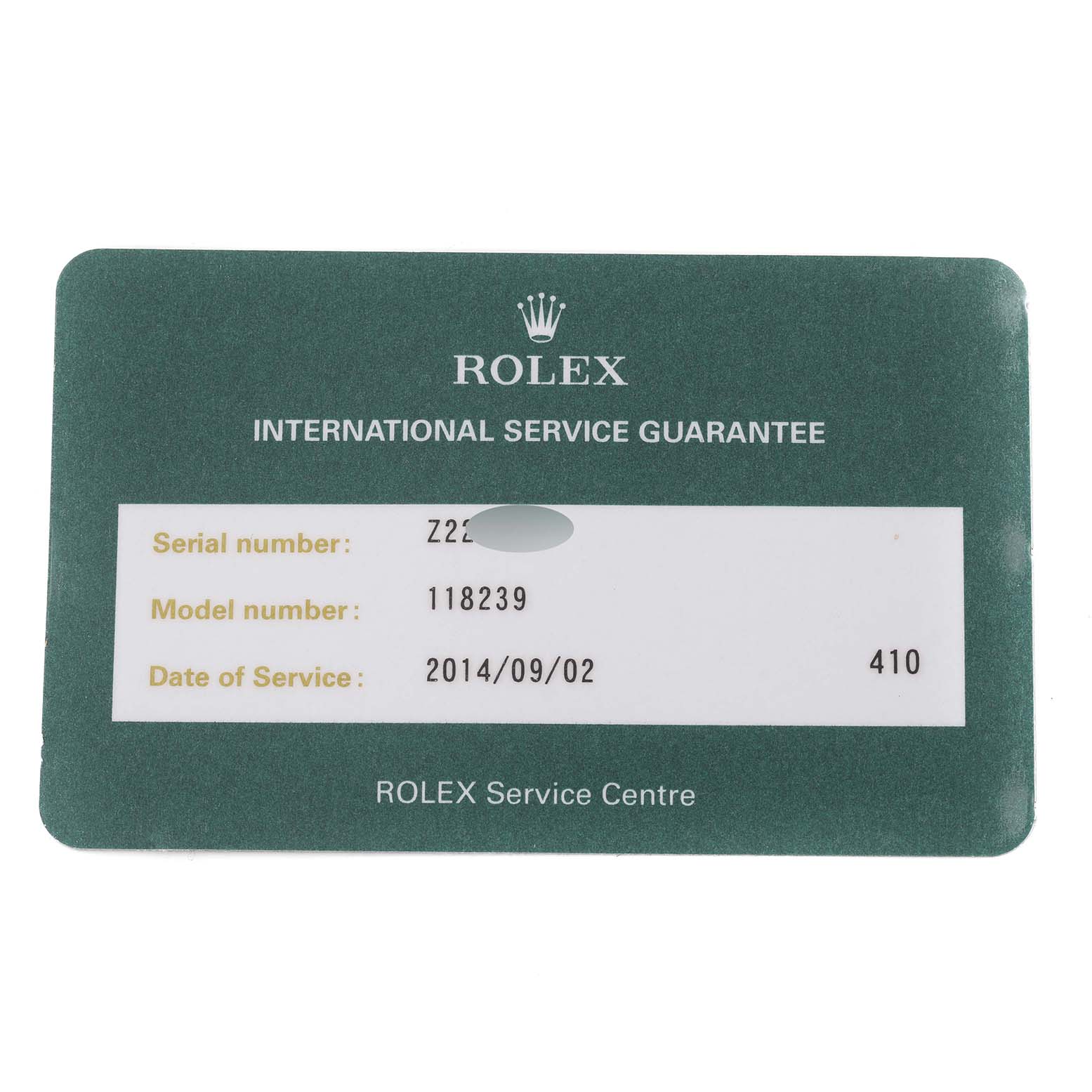 The image shows the international service guarantee card for a Rolex President 118239 Men's White Gold Silver Dial 118239 Men's White Gold Silver Dial model watch, displaying the serial and model number.