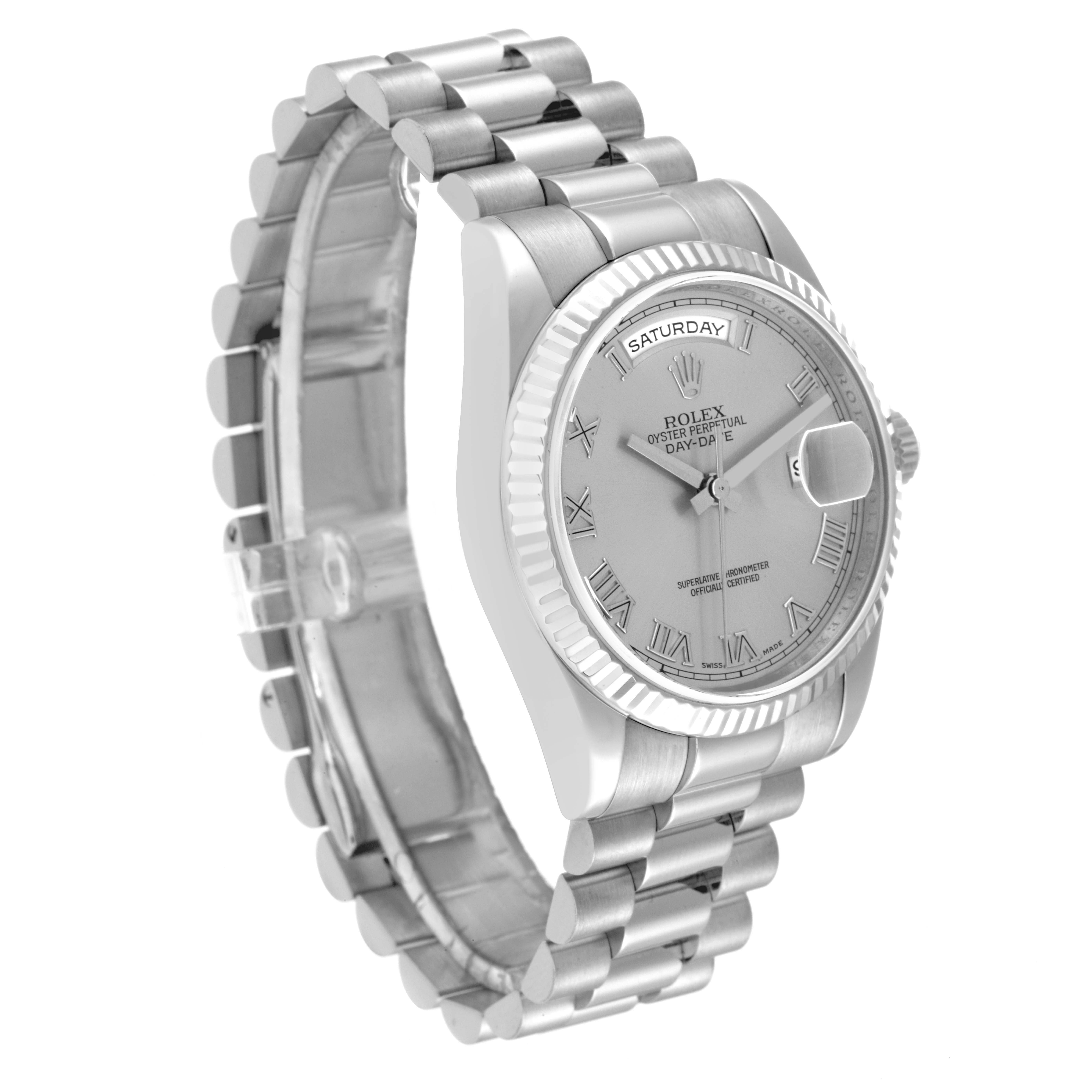 The image shows a side angle of a Rolex President 118239 Men's White Gold Silver Dial 118239 Men's White Gold Silver Dial model watch with a silver bracelet and a fluted bezel.