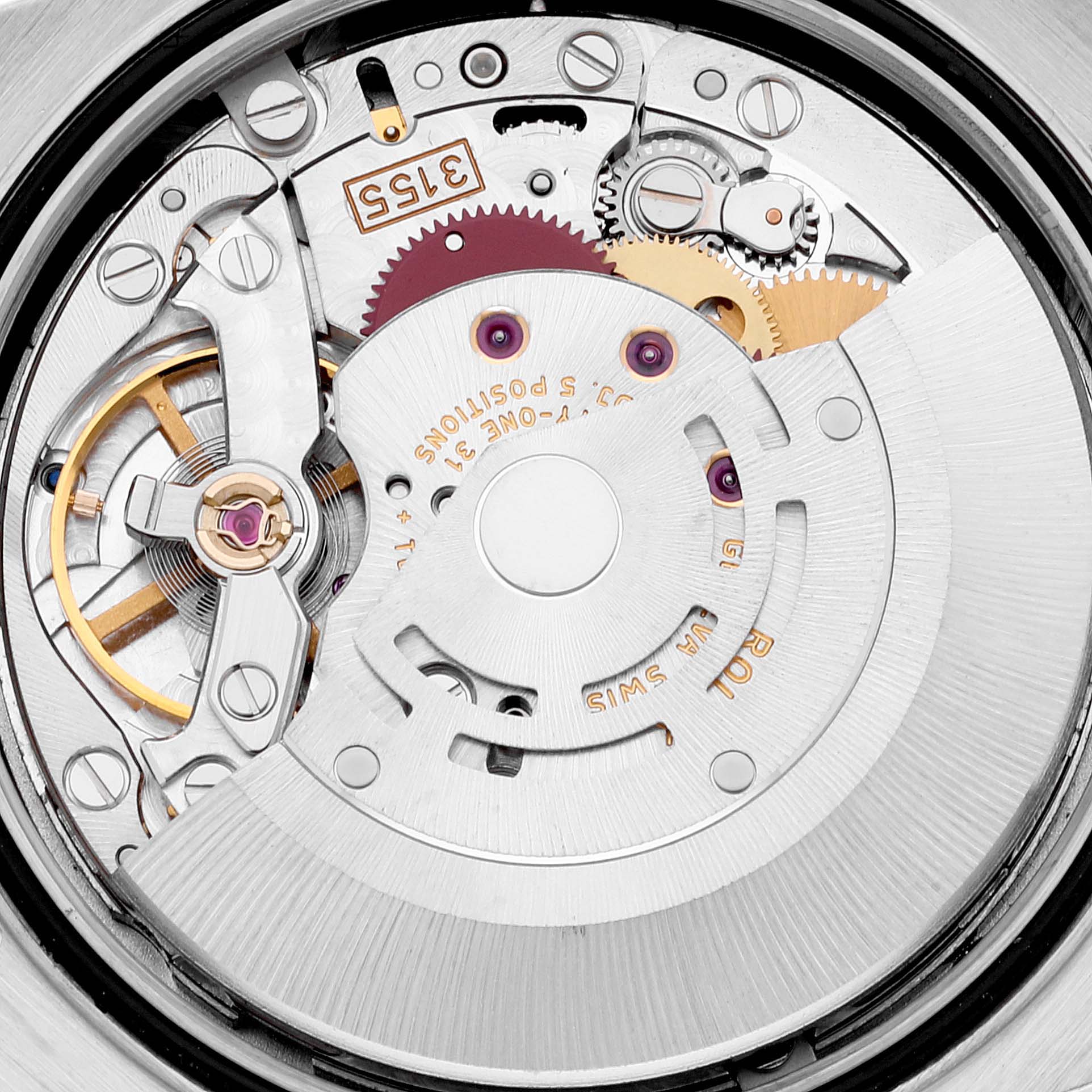This close-up image shows the intricate internal movement and components of the Rolex President 118239 Men's White Gold Silver Dial 118239 Men's White Gold Silver Dial model watch.