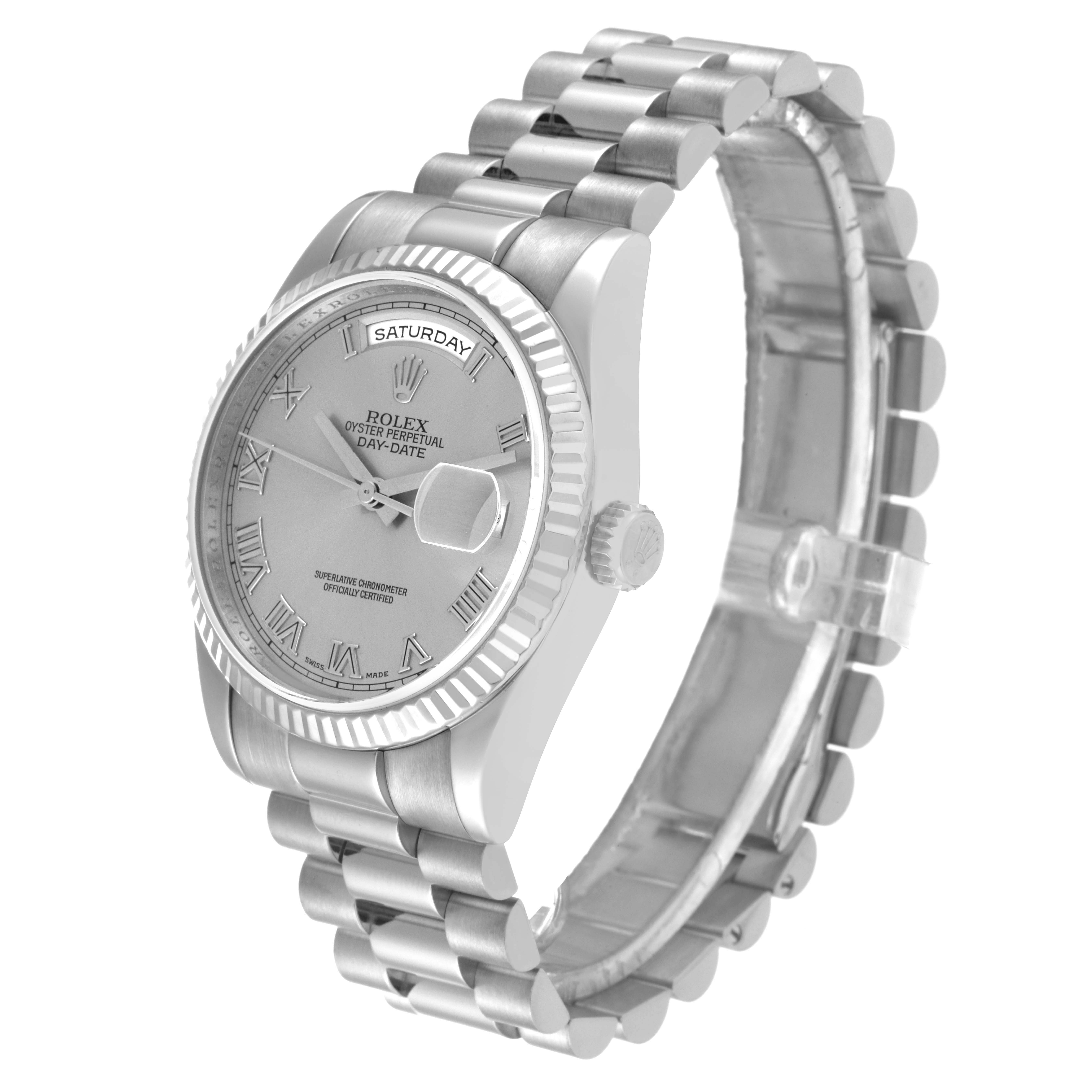 This is a side-angle view of a Rolex President 118239 Men's White Gold Silver Dial 118239 Men's White Gold Silver Dial model watch, showing the dial, bezel, crown, and bracelet.