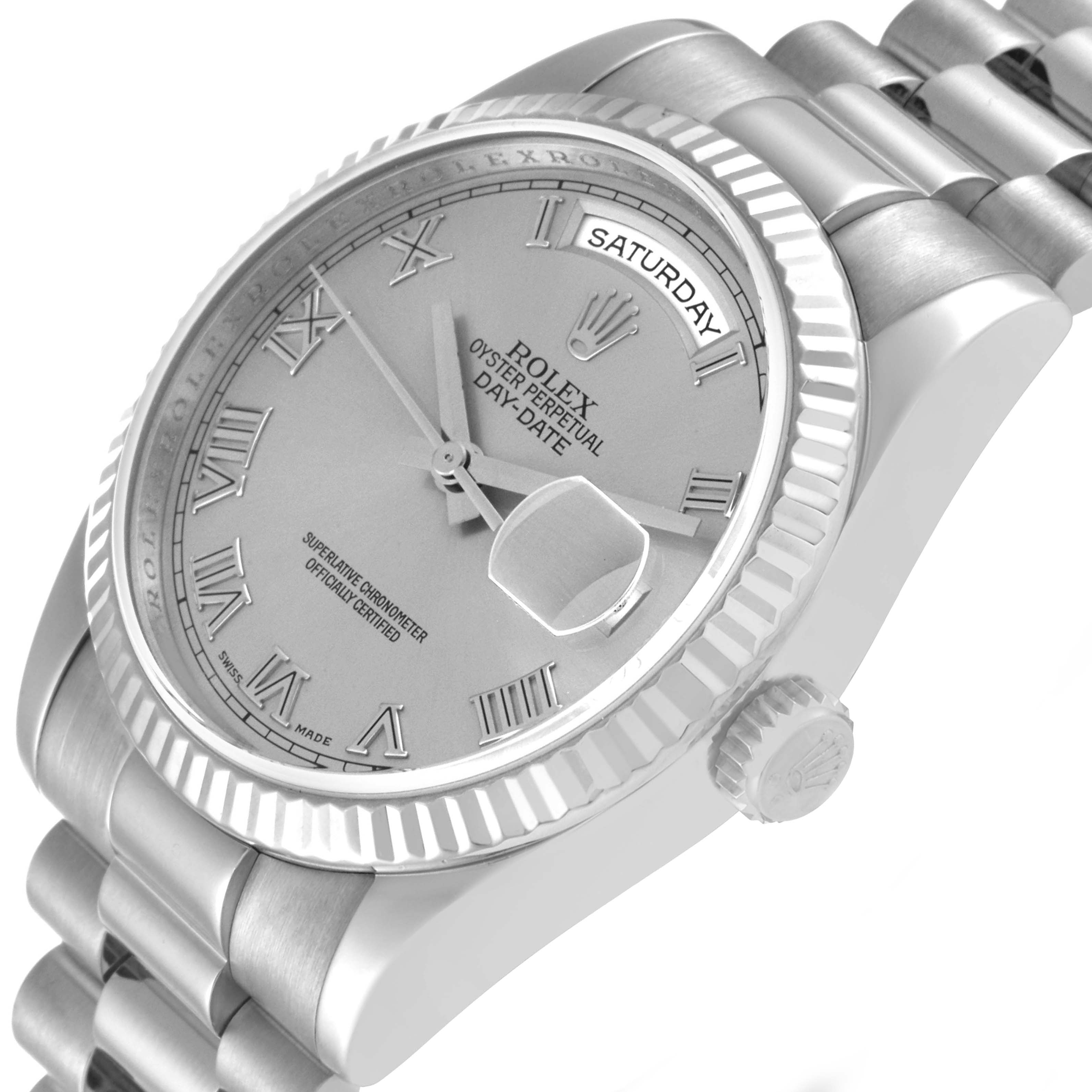 The Rolex President 118239 Men's White Gold Silver Dial 118239 Men's White Gold Silver Dial model watch is shown at an oblique angle highlighting the face, bezel, crown, and part of the bracelet.