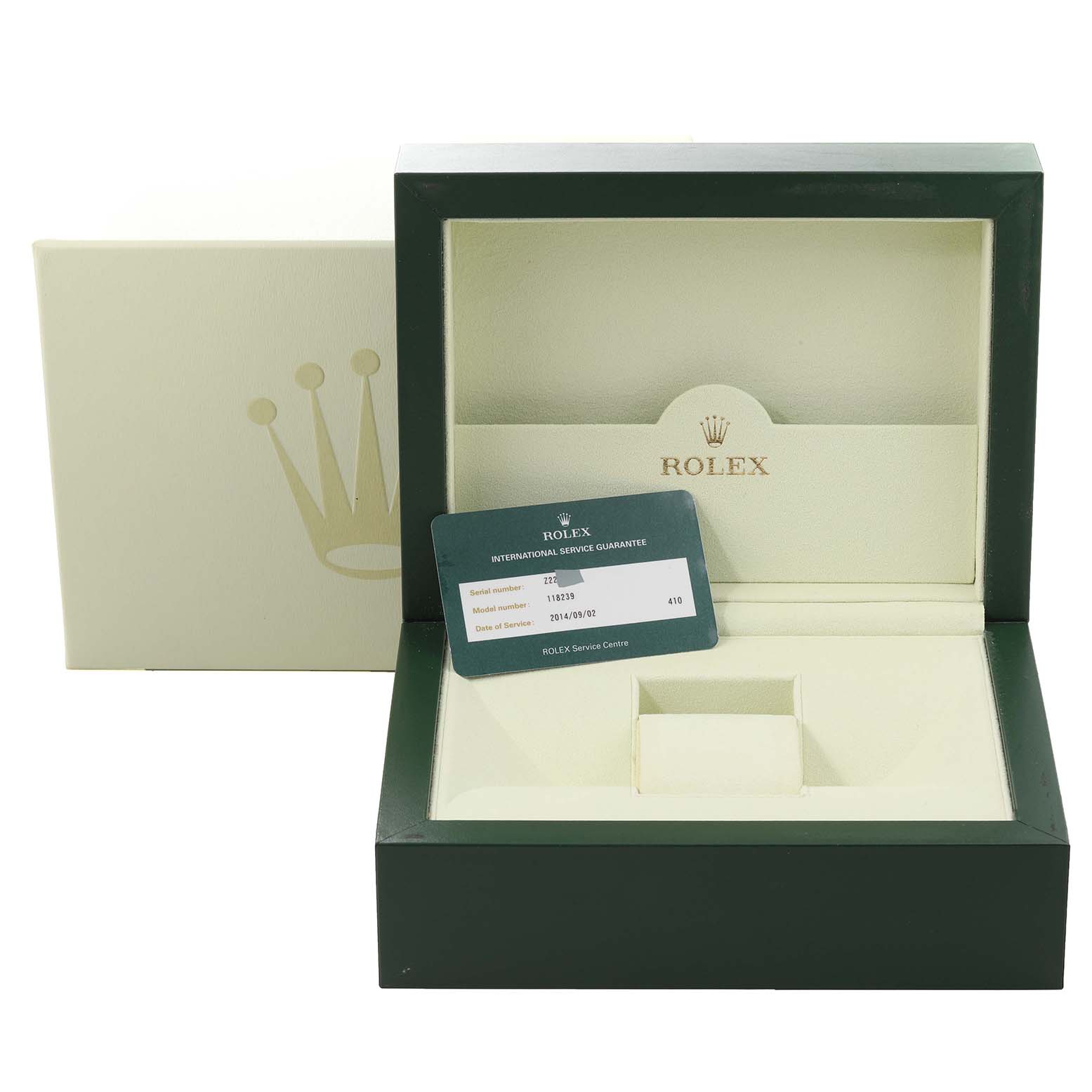 The image shows an open Rolex President 118239 Men's White Gold Silver Dial 118239 Men's White Gold Silver Dial model box and international service guarantee card at a front angle.