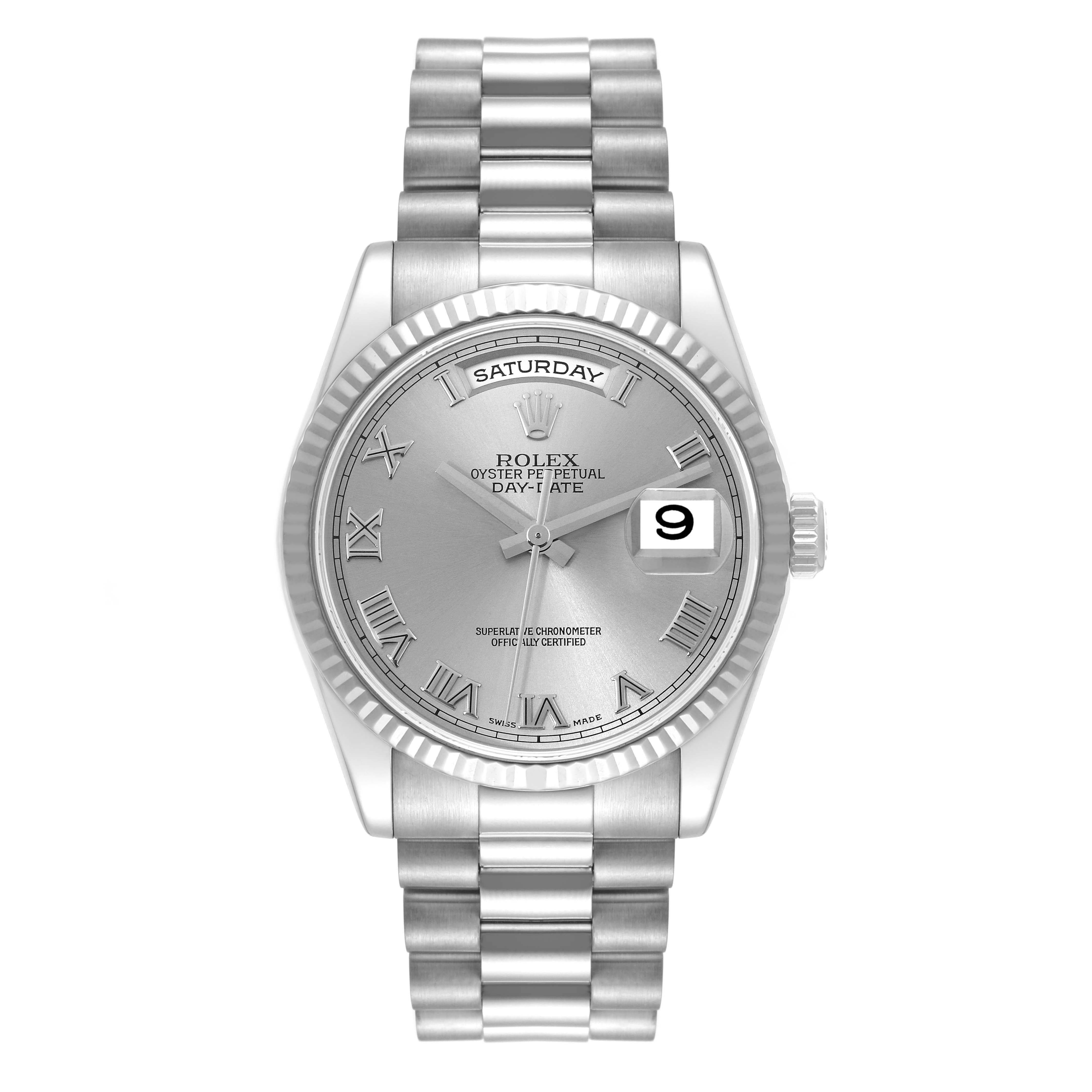 This image shows a front view of the Rolex President 118239 Men's White Gold Silver Dial 118239 Men's White Gold Silver Dial model watch, displaying its dial, day, and date features along with its bracelet.