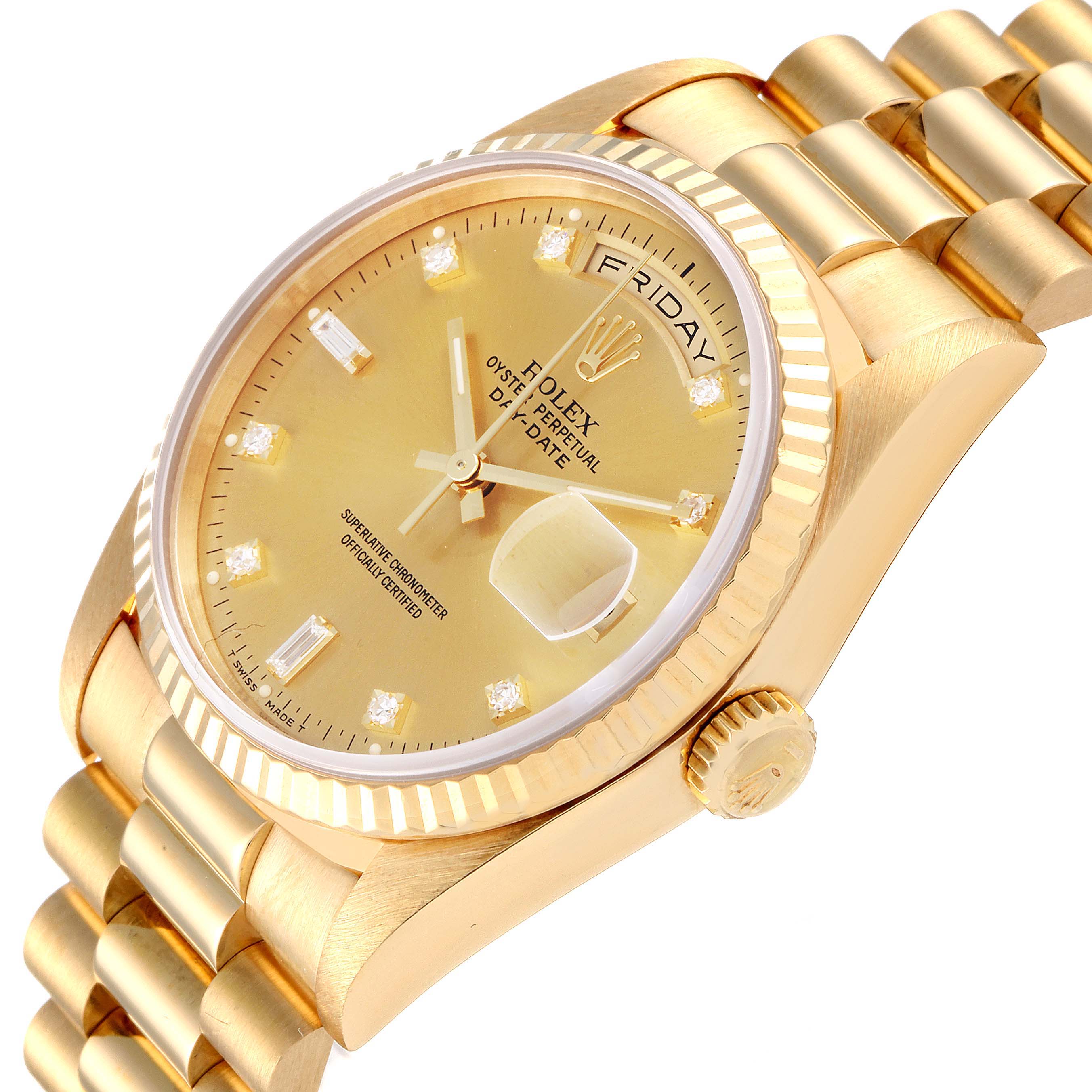 The image shows a close-up angle of the Rolex President 18238 Men
s Yellow Gold Champagne Dial 18238 Men
s Yellow Gold Champagne Dial model watch, highlighting the gold dial, bezel, and bracelet.
