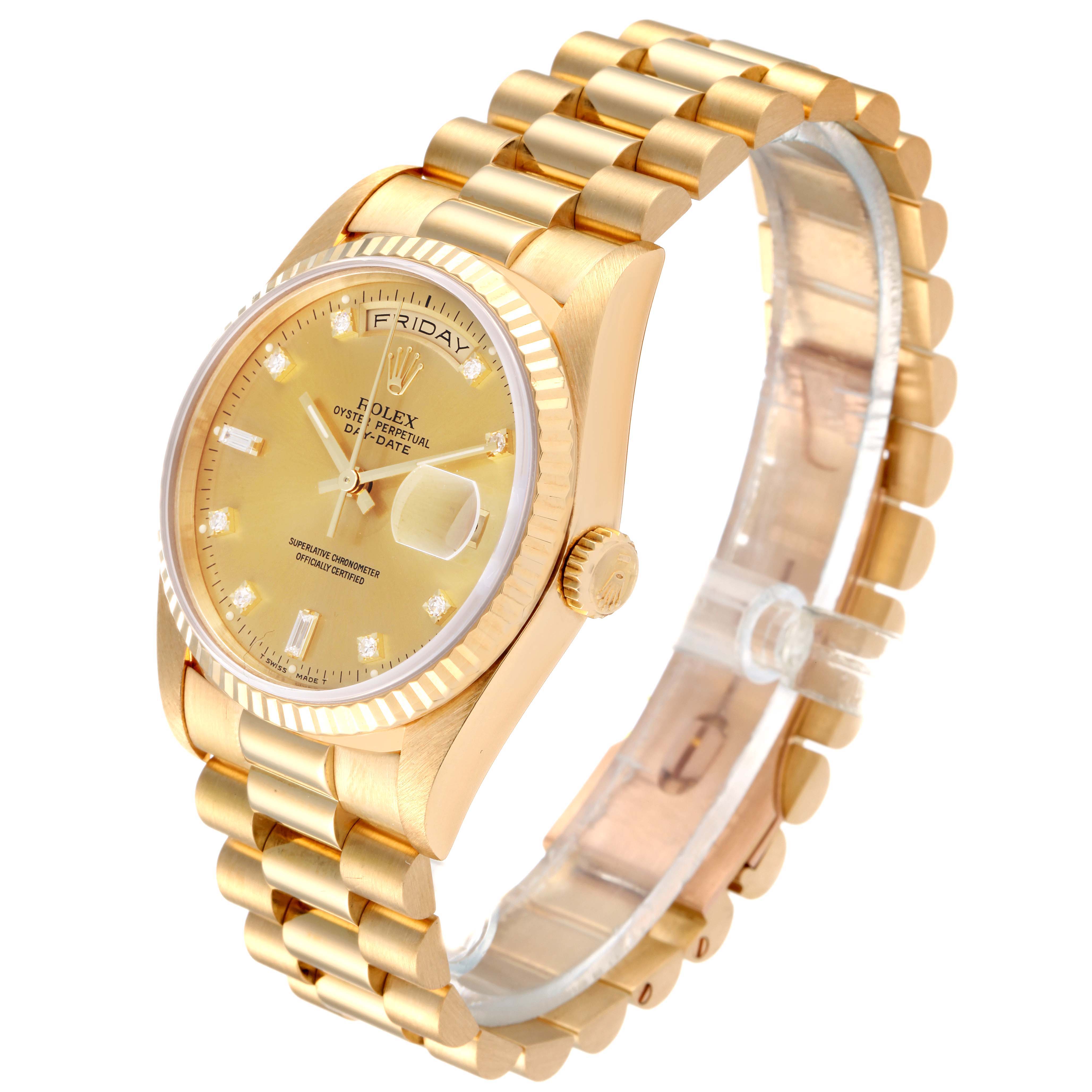 The image shows a Rolex President 18238 Men
s Yellow Gold Champagne Dial 18238 Men
s Yellow Gold Champagne Dial model watch from a three-quarter angle, highlighting its gold bracelet, dial, and crown.