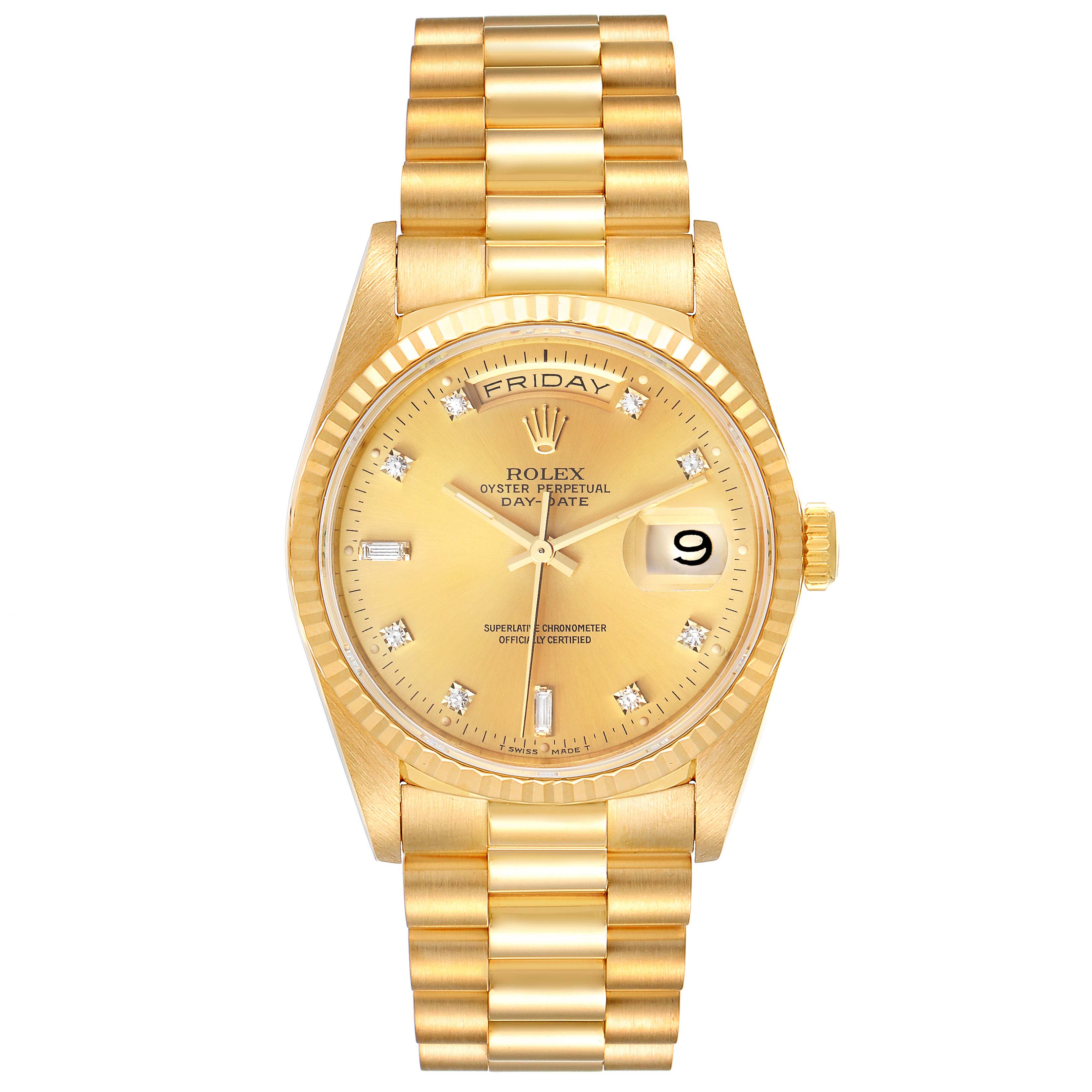 The image shows a front view of a Rolex President 18238 Men
s Yellow Gold Champagne Dial 18238 Men
s Yellow Gold Champagne Dial model watch, including the dial, bezel, crown, and full bracelet.