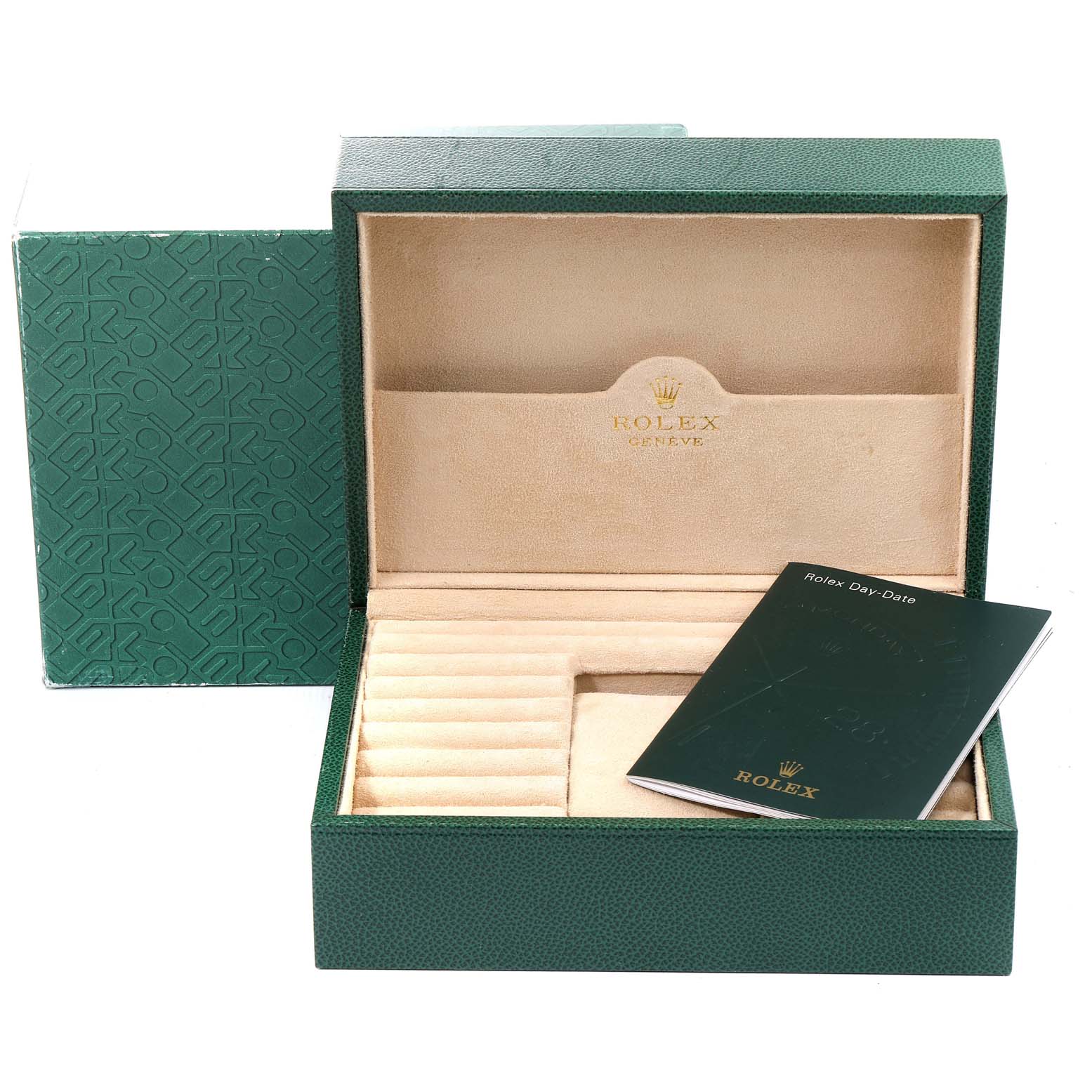 The image shows an open Rolex President 18238 Men
s Yellow Gold Champagne Dial 18238 Men
s Yellow Gold Champagne Dial watch box with a soft interior and a booklet placed inside.