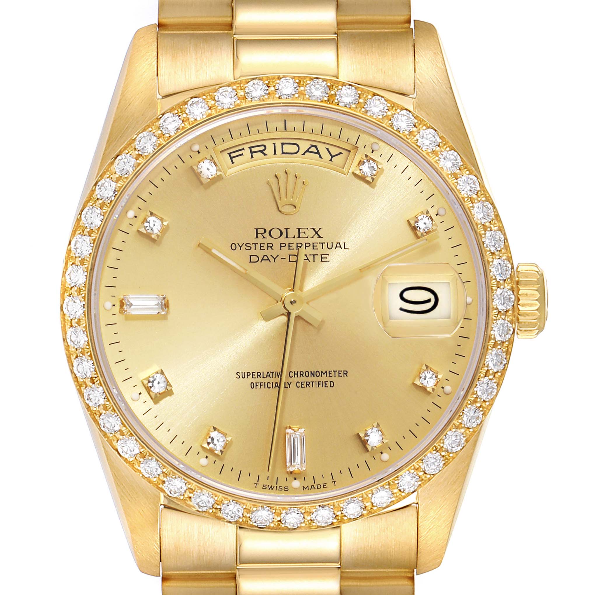 The image shows a front view of a Rolex President 18348 Men's Yellow Gold Champagne Dial 18348 Men's Yellow Gold Champagne Dial model watch, highlighting the dial, diamond bezel, and part of the bracelet.