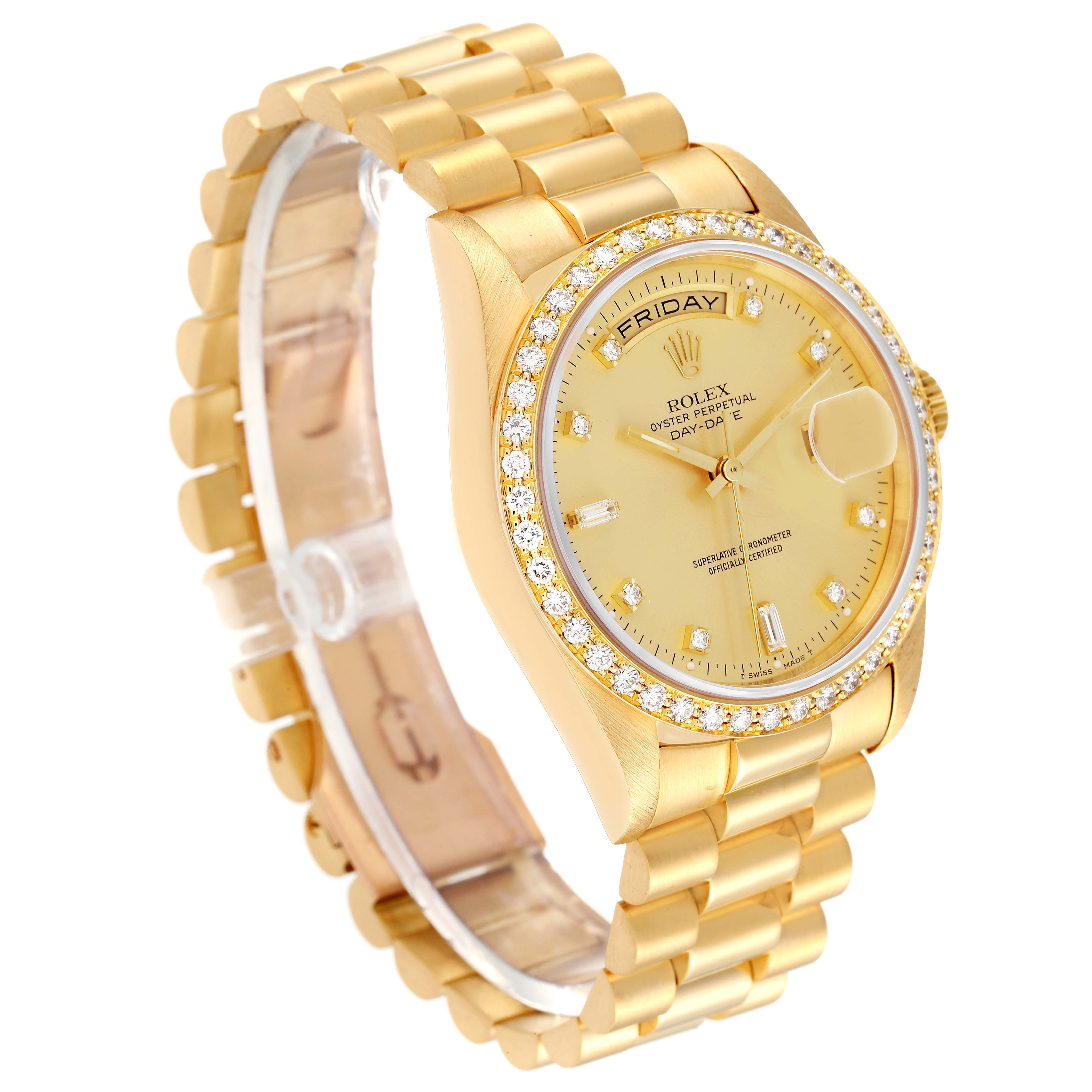 The image shows a gold Rolex President 18348 Men's Yellow Gold Champagne Dial 18348 Men's Yellow Gold Champagne Dial model watch at a slight angle, displaying the bracelet, bezel, dial, and crown.