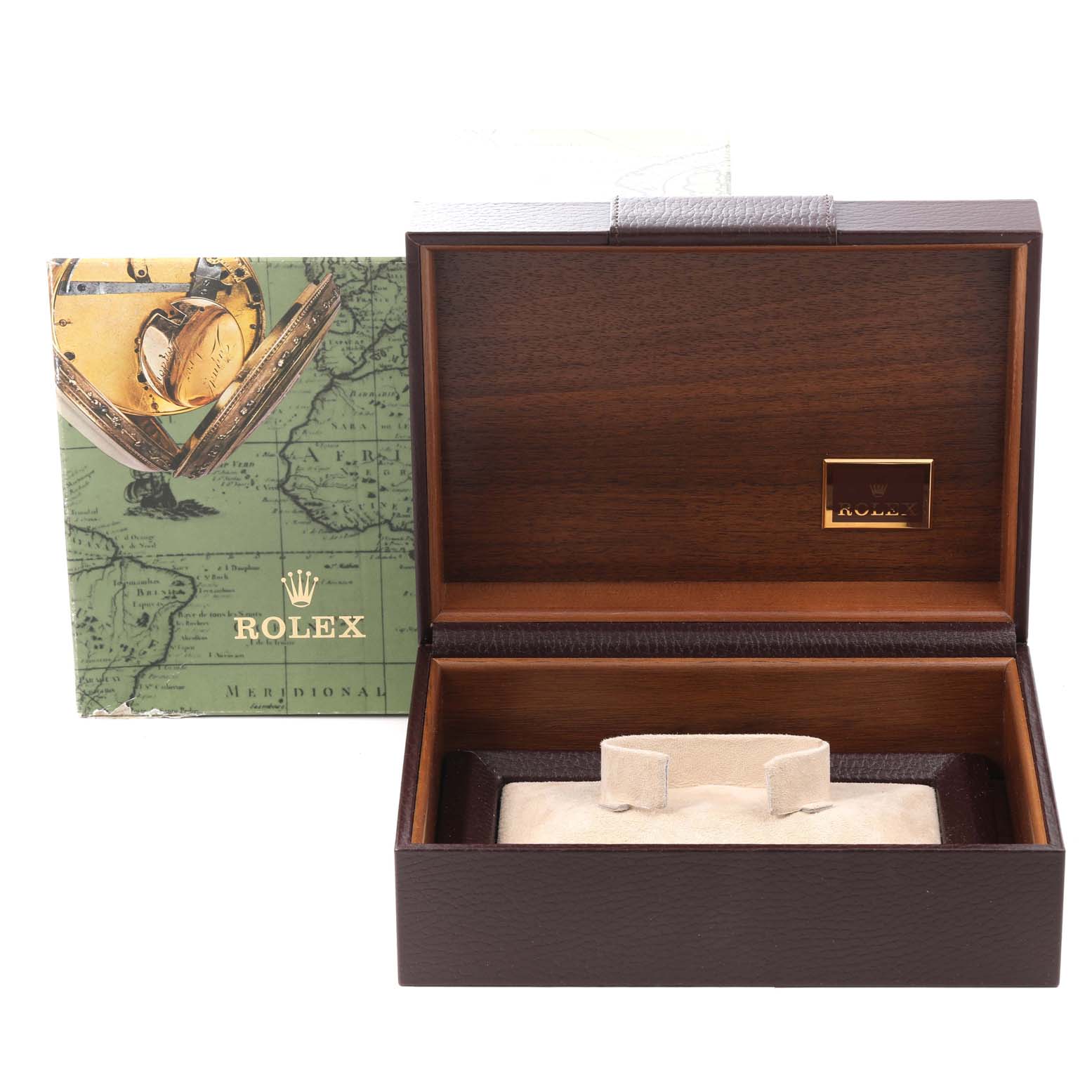 The image shows an open wooden box for a Rolex President 18348 Men's Yellow Gold Champagne Dial 18348 Men's Yellow Gold Champagne Dial model watch, with a brochure in the background.