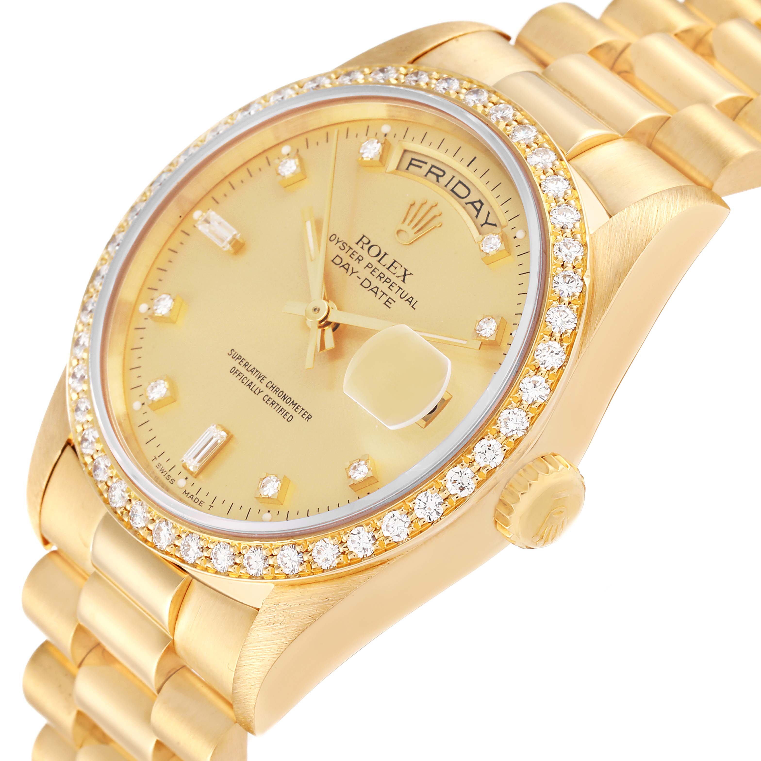 The image shows a Rolex President 18348 Men's Yellow Gold Champagne Dial 18348 Men's Yellow Gold Champagne Dial model watch at an angled view, highlighting the diamond bezel, dial, and bracelet.