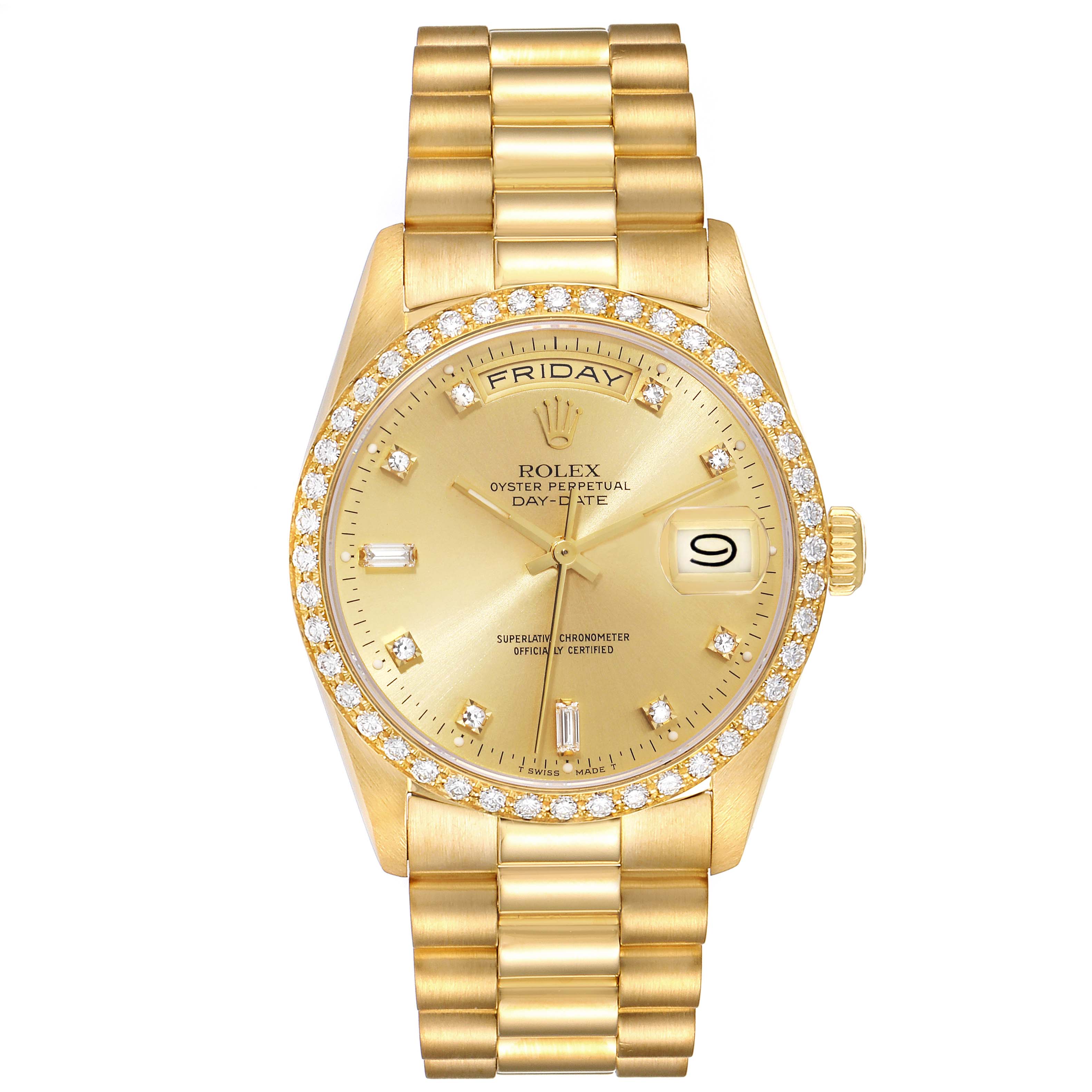 The Rolex President 18348 Men's Yellow Gold Champagne Dial 18348 Men's Yellow Gold Champagne Dial model watch is shown from a front angle, displaying its gold case, diamond-set bezel, and bracelet.