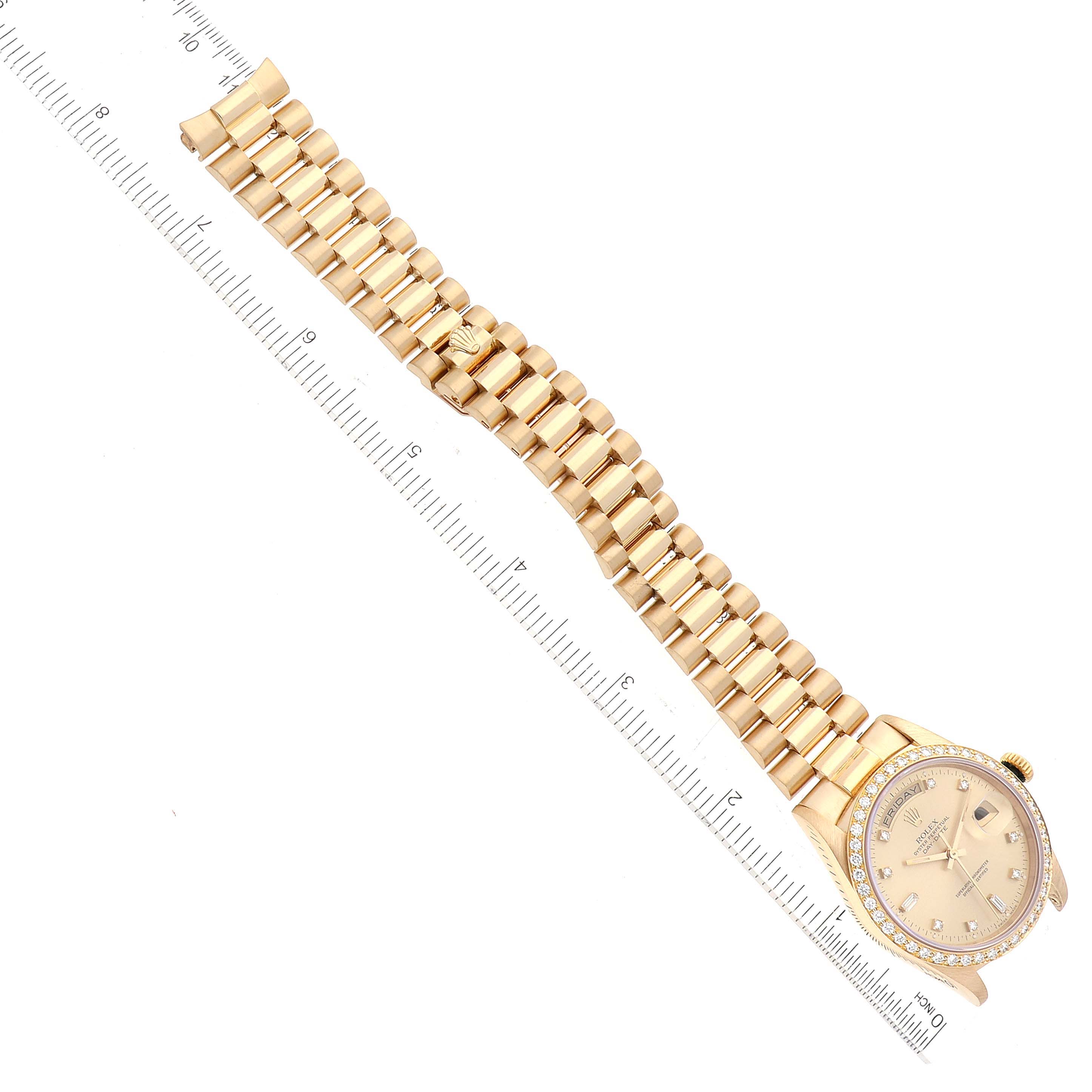 The image shows a top view of a Rolex President 18348 Men's Yellow Gold Champagne Dial 18348 Men's Yellow Gold Champagne Dial model watch with its dial and bracelet, alongside a ruler for scale.
