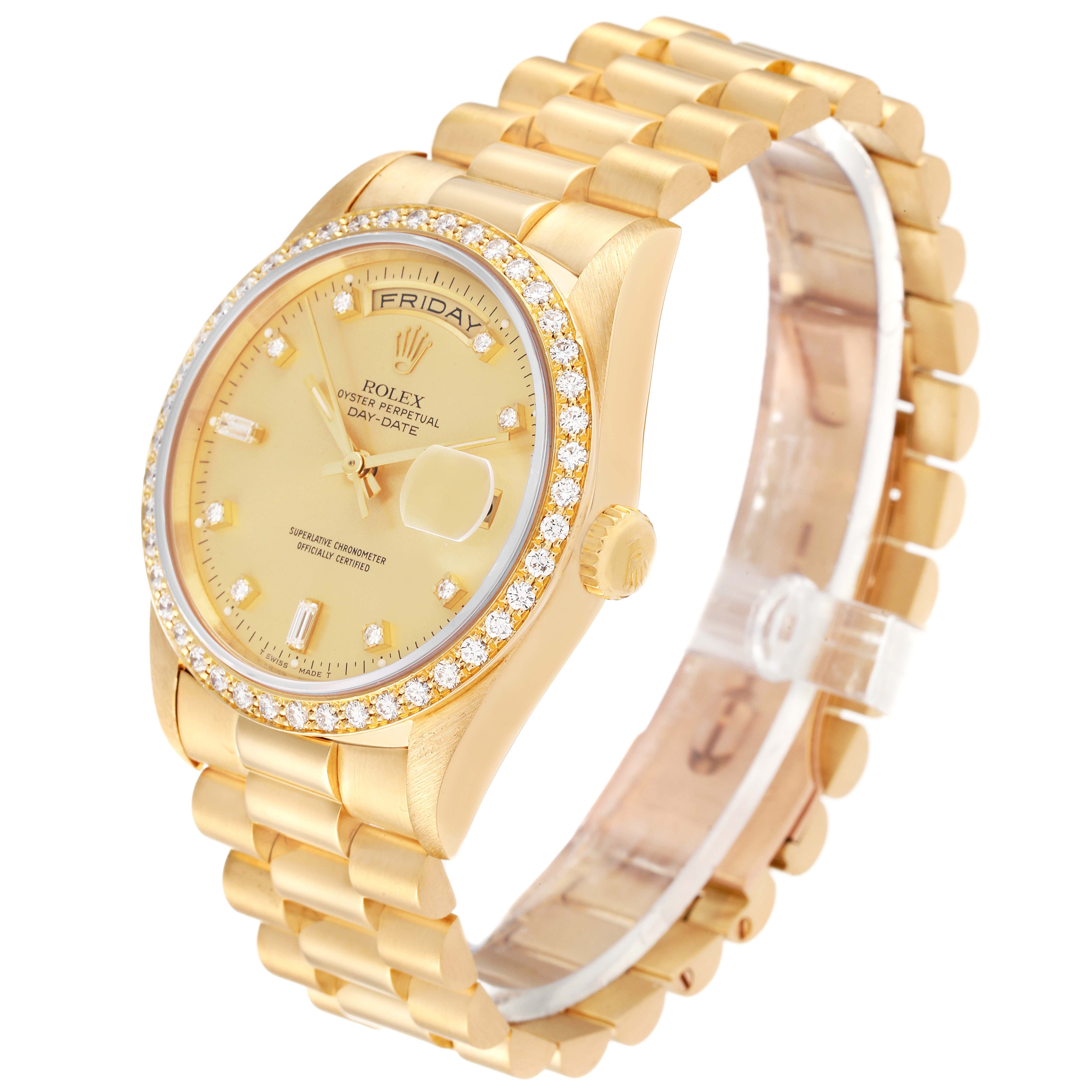 The Rolex President 18348 Men's Yellow Gold Champagne Dial 18348 Men's Yellow Gold Champagne Dial model watch is shown at a slight angle, displaying its gold bracelet, diamond-encrusted bezel, and clear dial features.