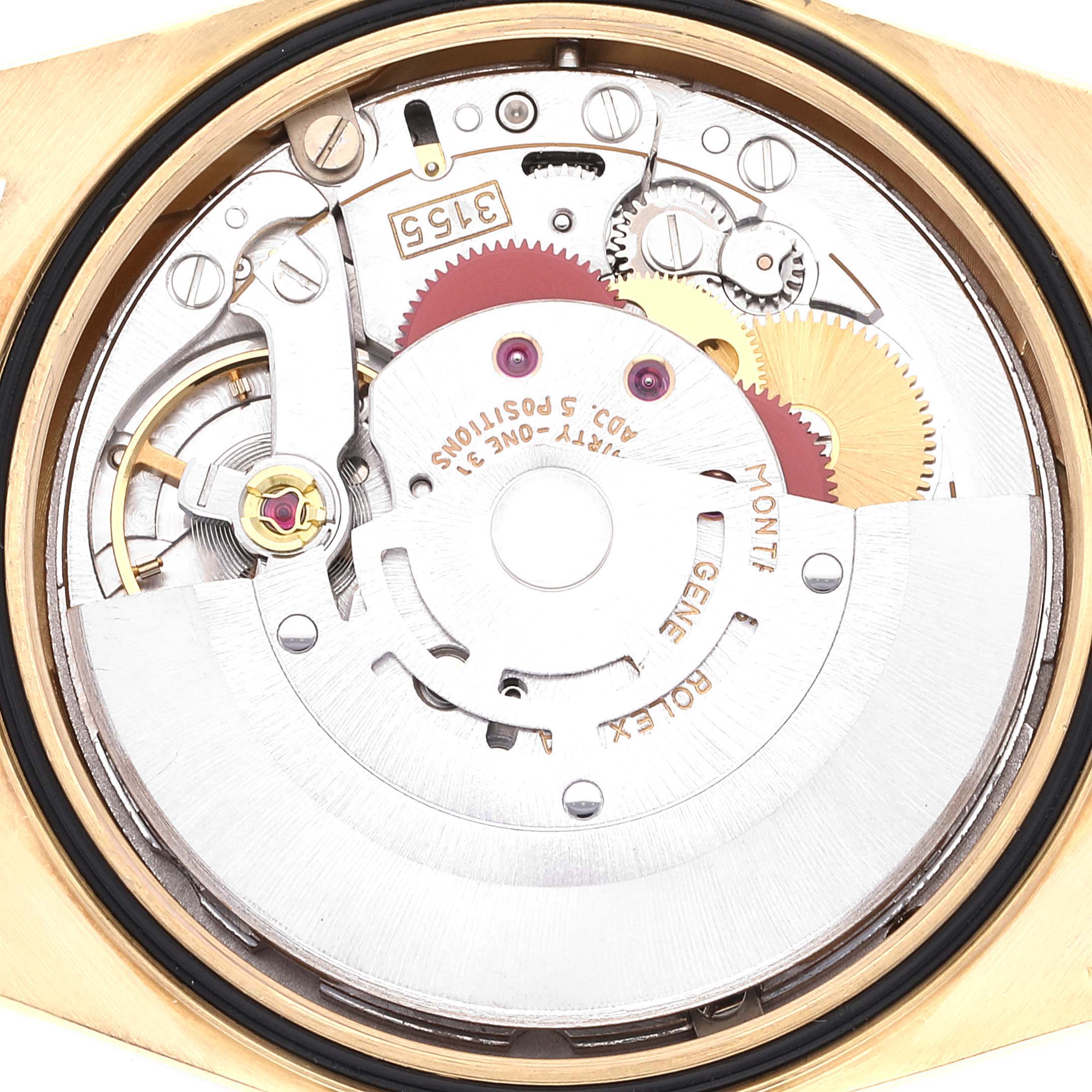This close-up image shows the movement and internal mechanics of the Rolex President 18348 Men's Yellow Gold Champagne Dial 18348 Men's Yellow Gold Champagne Dial model watch.