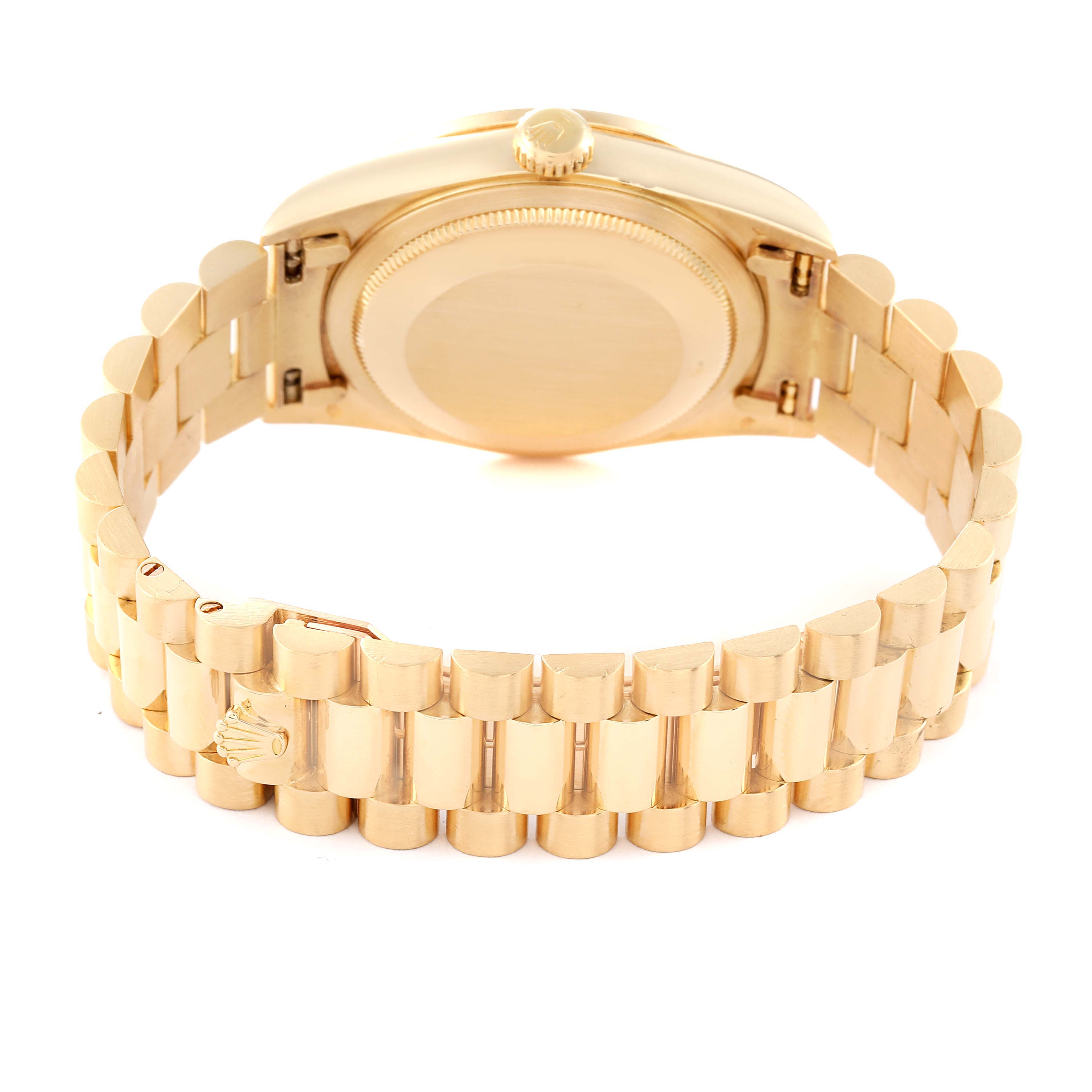 The image shows the back view of the Rolex President 18348 Men's Yellow Gold Champagne Dial 18348 Men's Yellow Gold Champagne Dial model watch, highlighting the bracelet and the caseback.