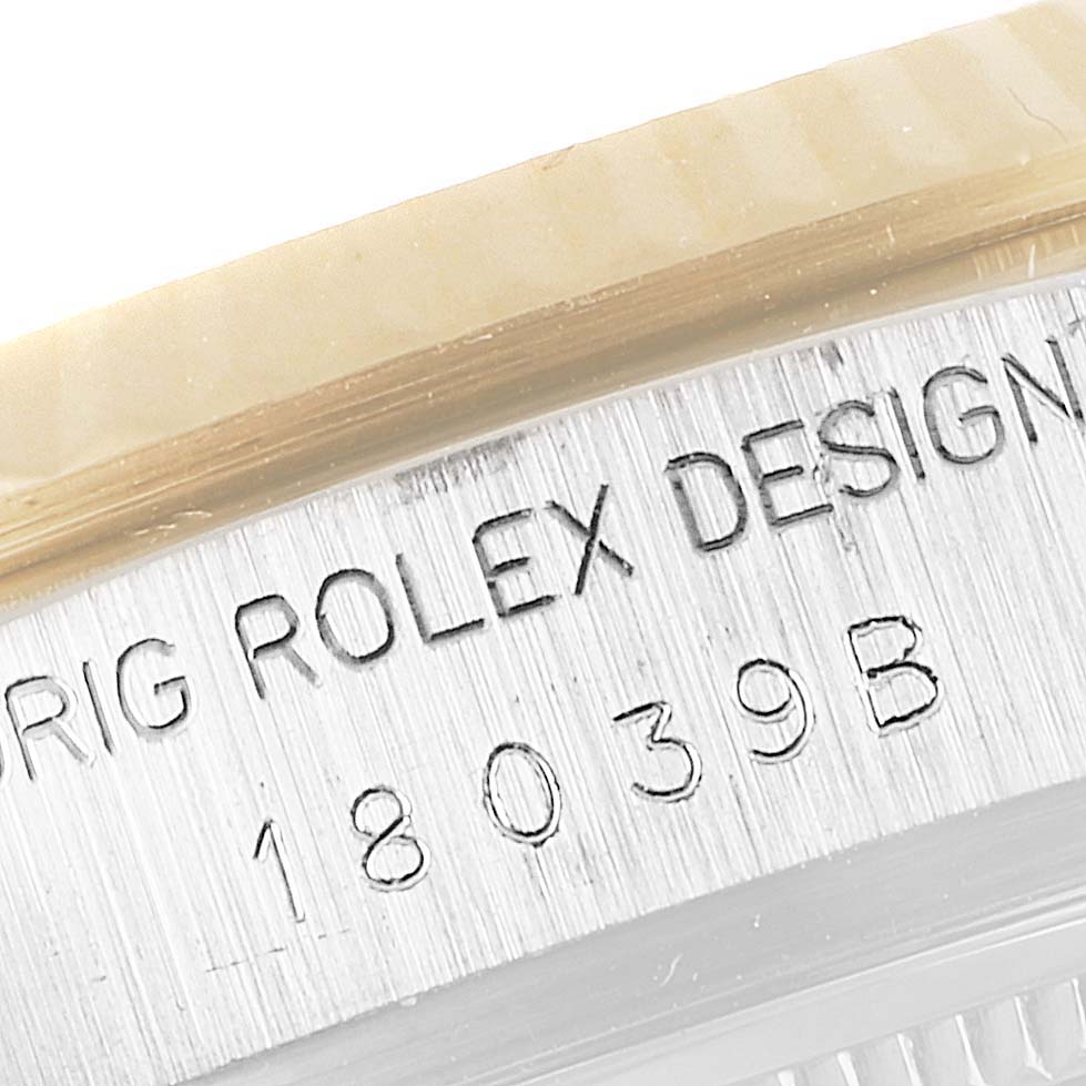 The image shows a close-up of the inner case with engraved text for the Rolex President 18039B Men's White Gold Brown Dial 18039B Men's White Gold Brown Dial model, including the design number 18039B.