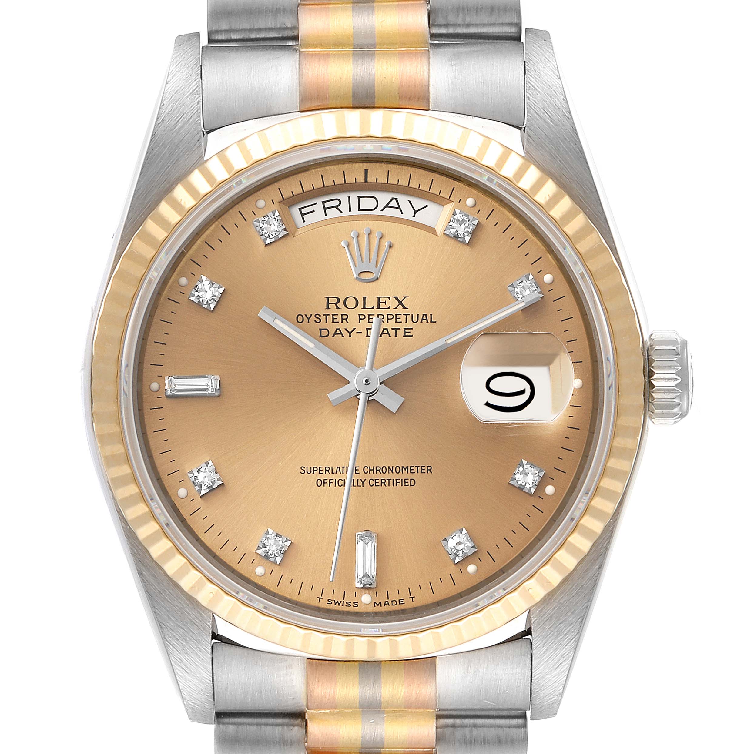 The image shows a frontal view of the Rolex President 18039B Men's White Gold Brown Dial 18039B Men's White Gold Brown Dial model watch featuring a day and date display.
